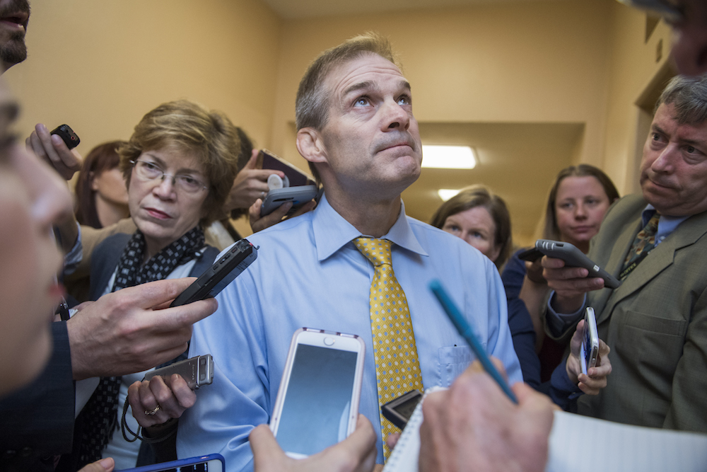 Rep. Jim Jordan (R-OH) talks with reporters after a meeting of the House Republican Conference in the Capitol on June 26, 2018. (CREDIT: Tom Williams/CQ Roll Call)