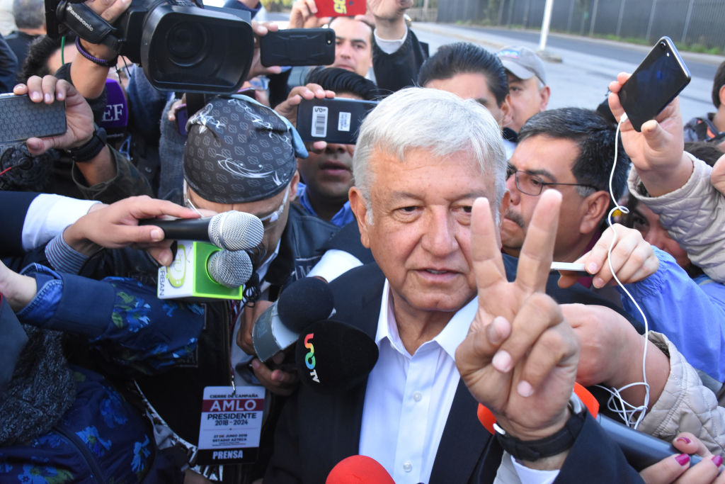 MEXICO CITY, MEXICO - JULY 01: Presidential candidate Andres Manuel Lopez Obrador arrives to cast his vote during the Mexico 2018 Presidential Election on July 1, 2018 in Mexico City, Mexico. (CREDIT: Carlos Tischler/Getty Images)