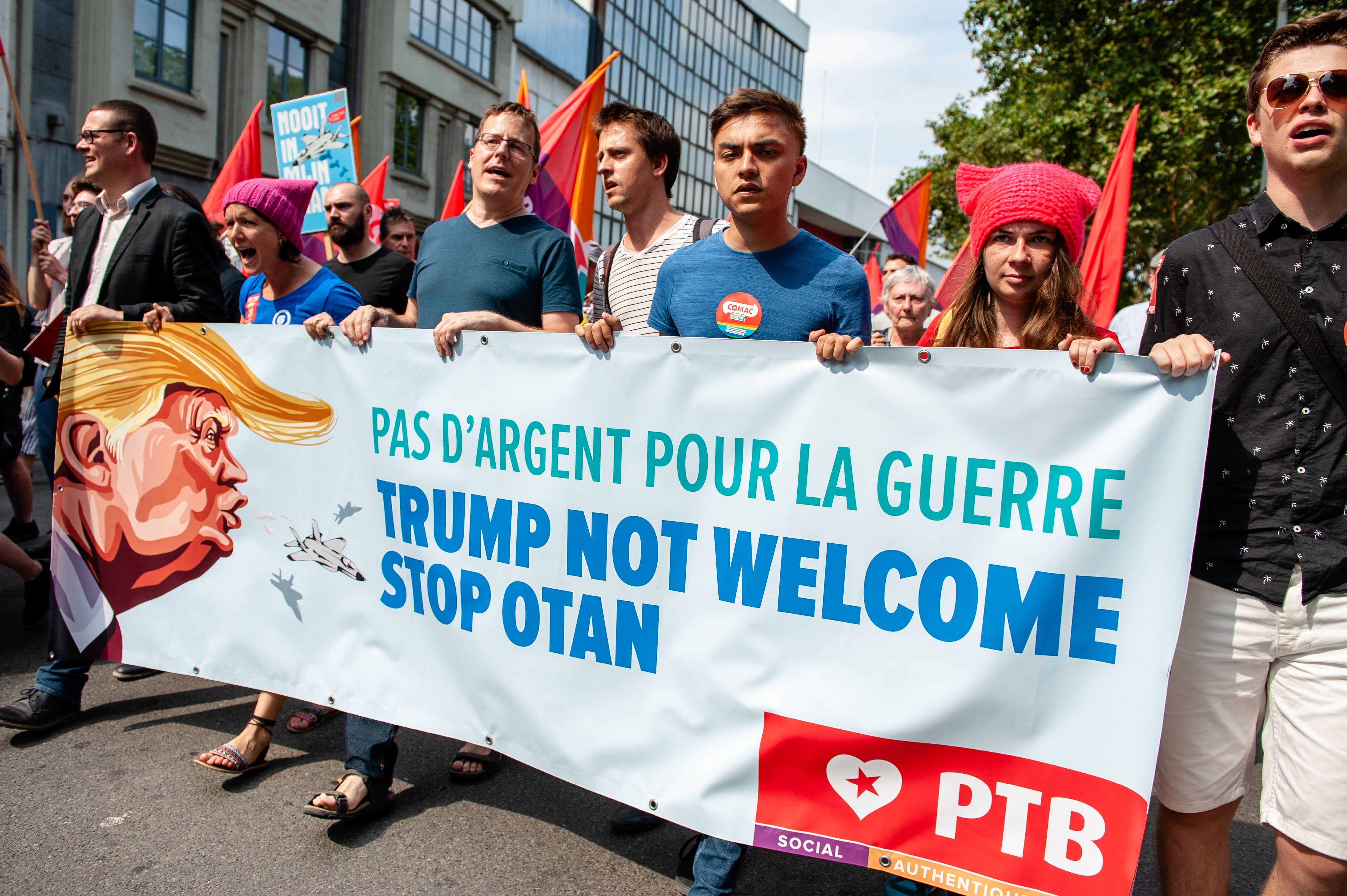 Thousands of people gathered in Brussels over the weekend to protest President Donald Trump's visit. CREDIT: Romy Arroyo Fernandez/NurPhoto/Getty Images.
