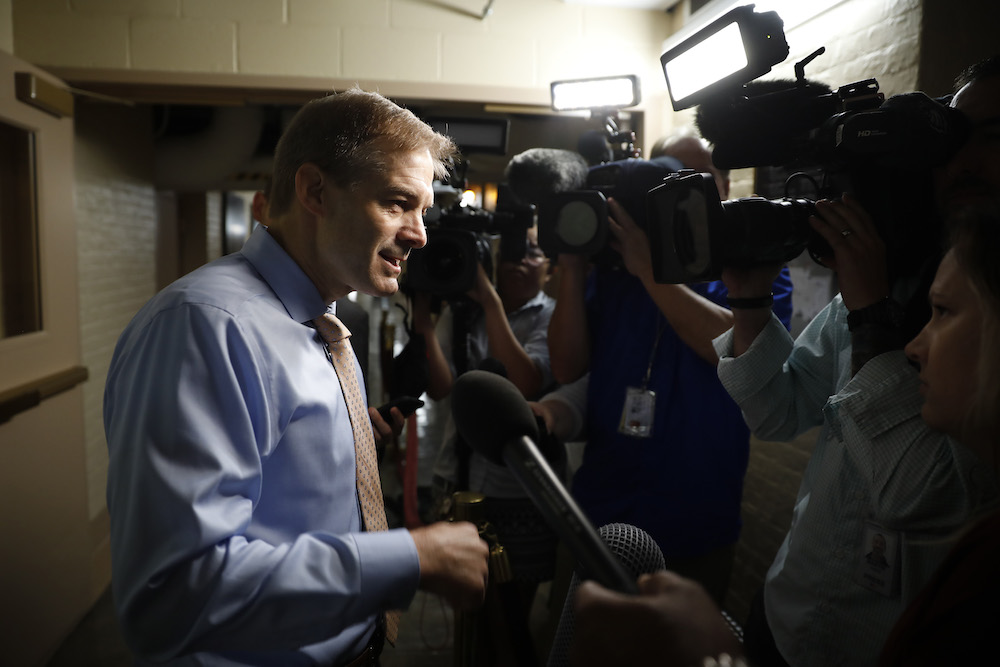 Rep. Jim Jordan (R-OH ) availing himself of the media he apparently doesn't trust. (Photo Credit: Aaron P. Bernstein/Getty Images)