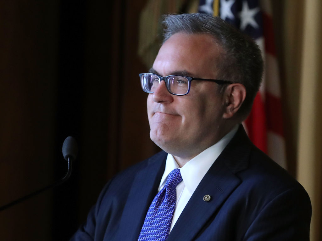 Acting EPA Administrator Andrew Wheeler speaks to staff at the Environmental Protection Agency headquarters on July 11, 2018 in Washington, DC. CREDIT: Mark Wilson/Getty Images