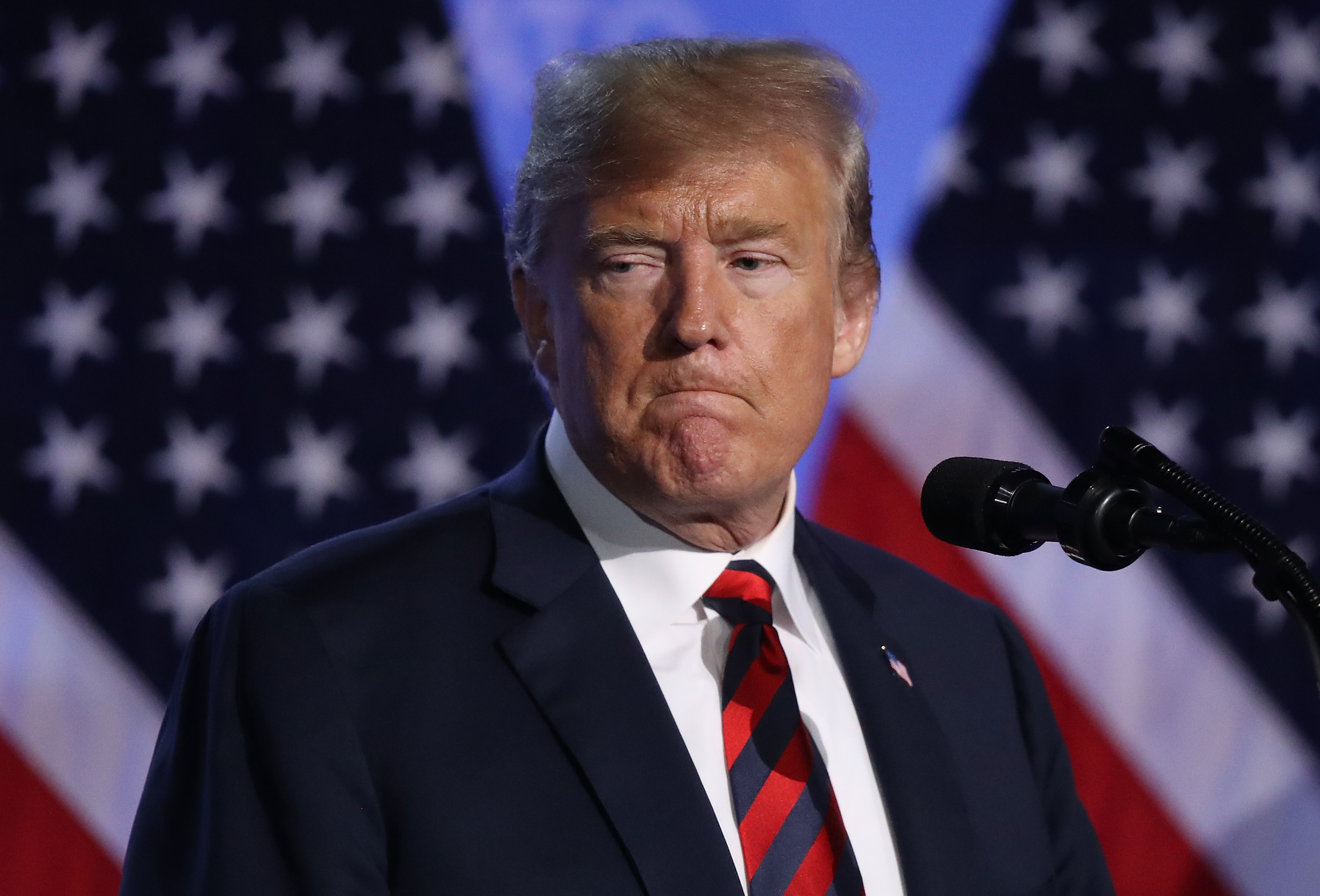 President Donald Trump speaks to the media at a press conference on the second day of the 2018 NATO Summit on July 12, 2018 in Brussels, Belgium. CREDIT: Sean Gallup/Getty Images.