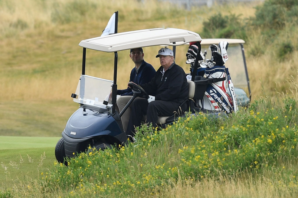 U.S. President Donald Trump plays a round of golf at Trump Turnberry Luxury Collection Resort during the U.S. President's first official visit to the United Kingdom on July 15, 2018 in Turnberry, Scotland. (CREDIT: Leon Neal/Getty Images)