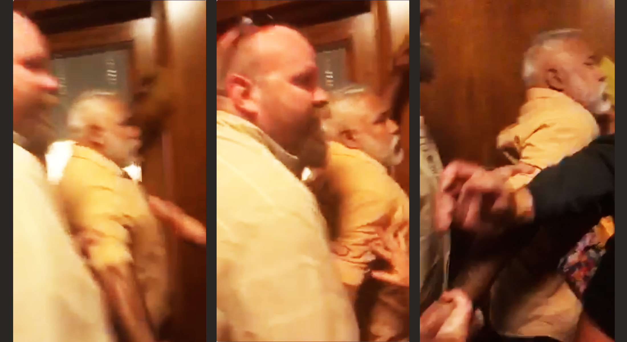 Three frames from a video of a confrontation between ICE agents and the family and friends of a man who's lived in Minnesota for decades. CREDIT: Faith In Action