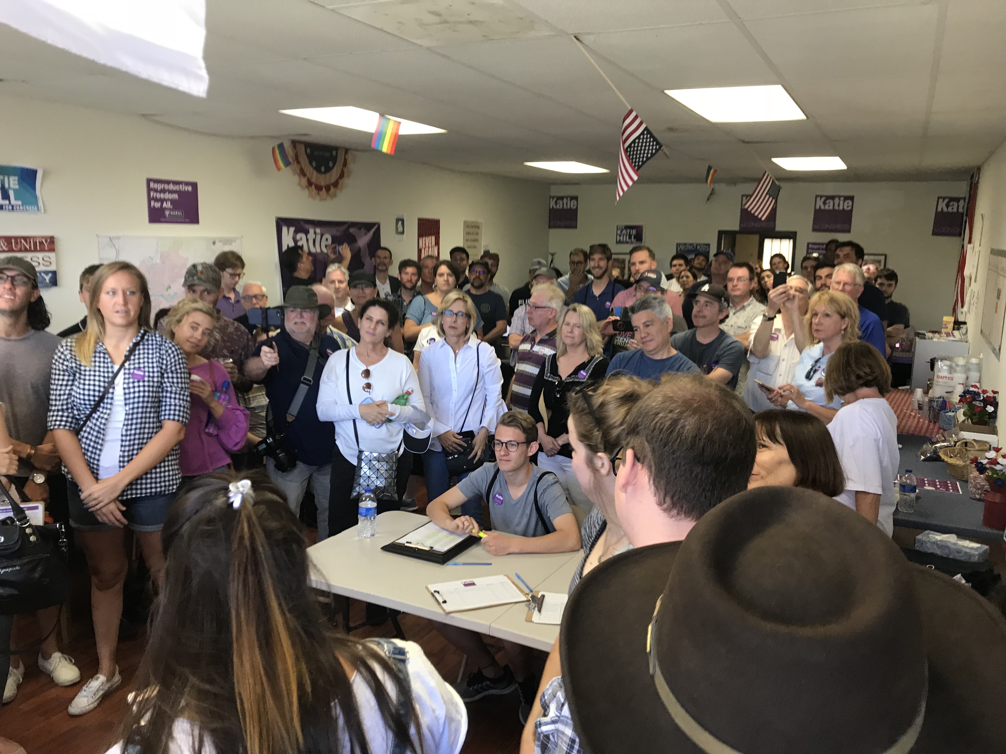 Volunteers at Hill's Santa Clarita campaign office listen as she speaks. (Courtesy, Katie Hill for Congress)