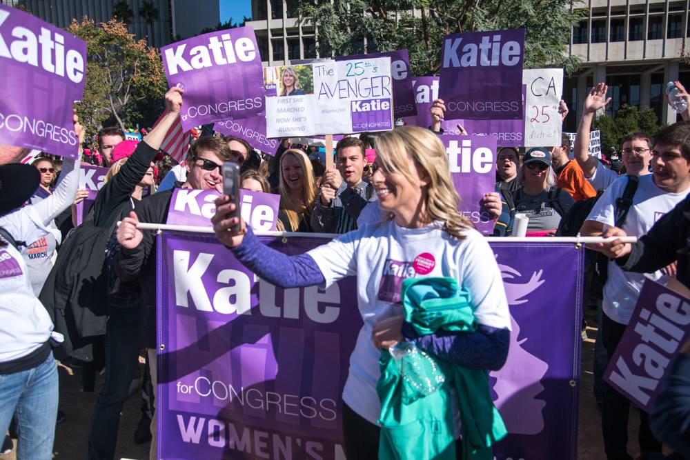Hill takes a selfie with volunteers. (Courtesy, Katie Hill for Congress)