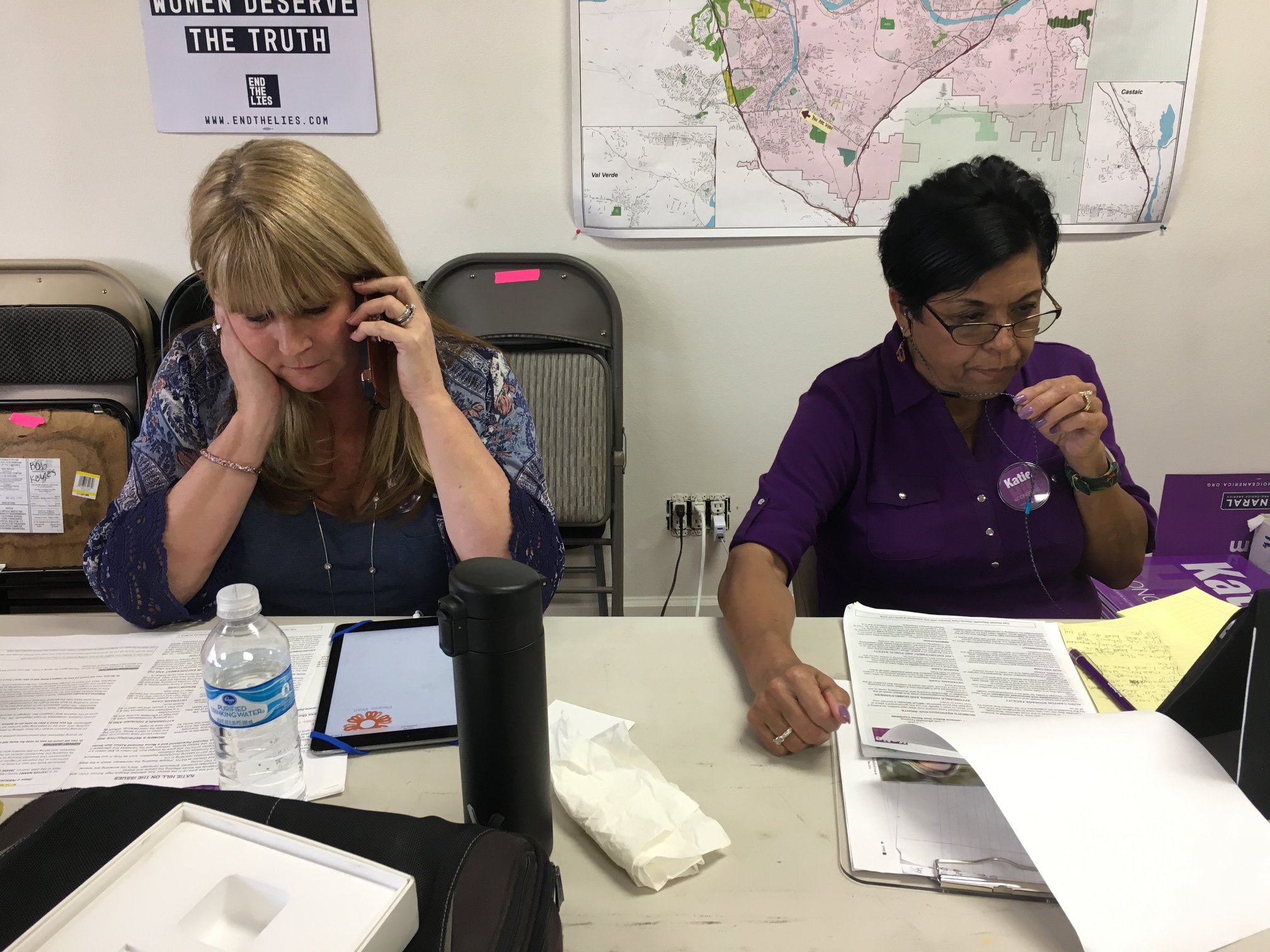 Katie's mother, Rachel Stephenson (L), and her mother in law Kathy Heslep (R), help with phone banking. (Courtesy, Katie Hill for Congress)