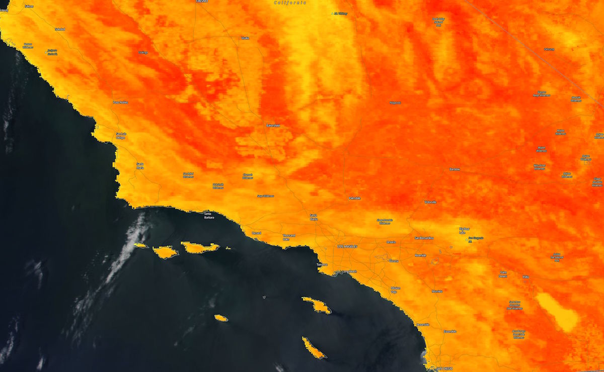 Ground temperatures from infrared sensors on a NASA satellite passing over Southern California midday Friday, July 6. CREDIT: NASA via AGU.