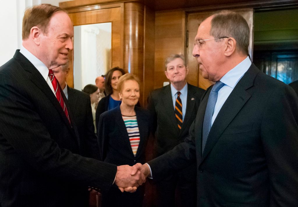 Sen. Richard Shelby meets Russian Foreign Minister Sergey Lavrov in Moscow on July 3, 2018. (ALEXANDER ZEMLIANICHENKO/AFP/Getty Images)