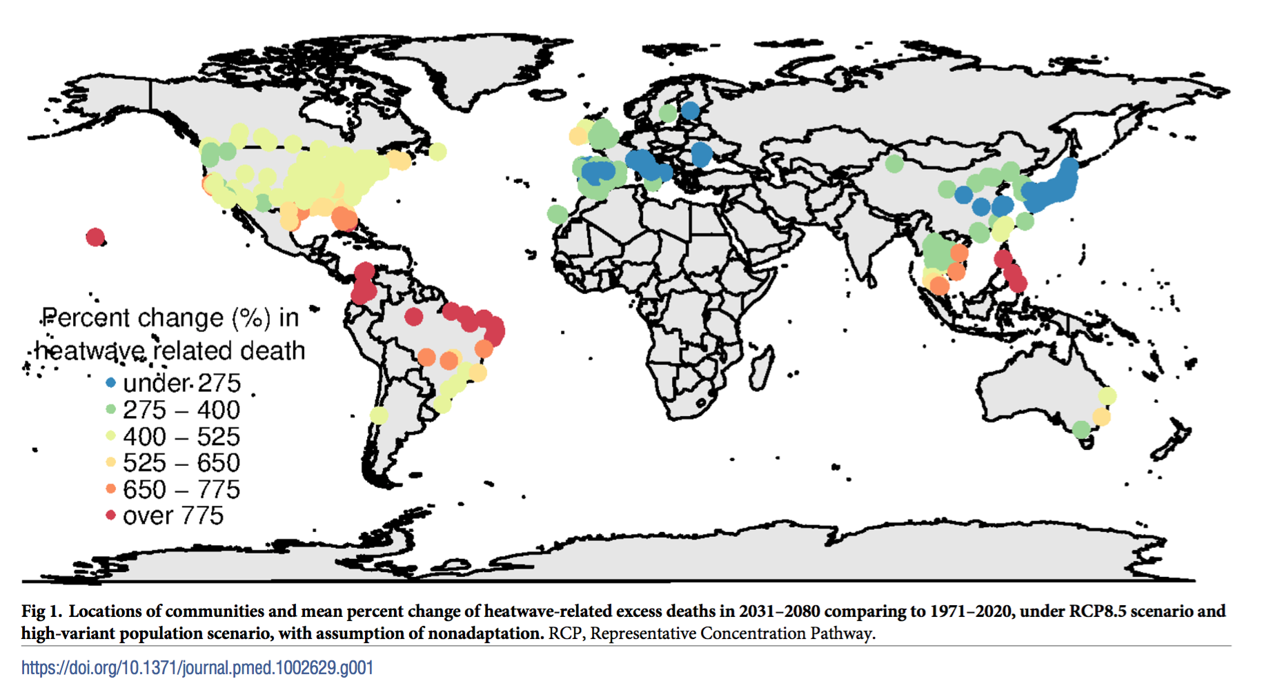 Predicted percentage increase in deaths related to heatwaves across the world.
