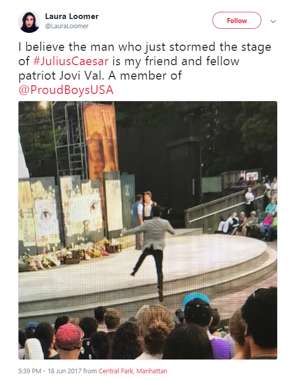 Laura Loomer and Jovi Val disrupting a performance of Julius Caesar last June.