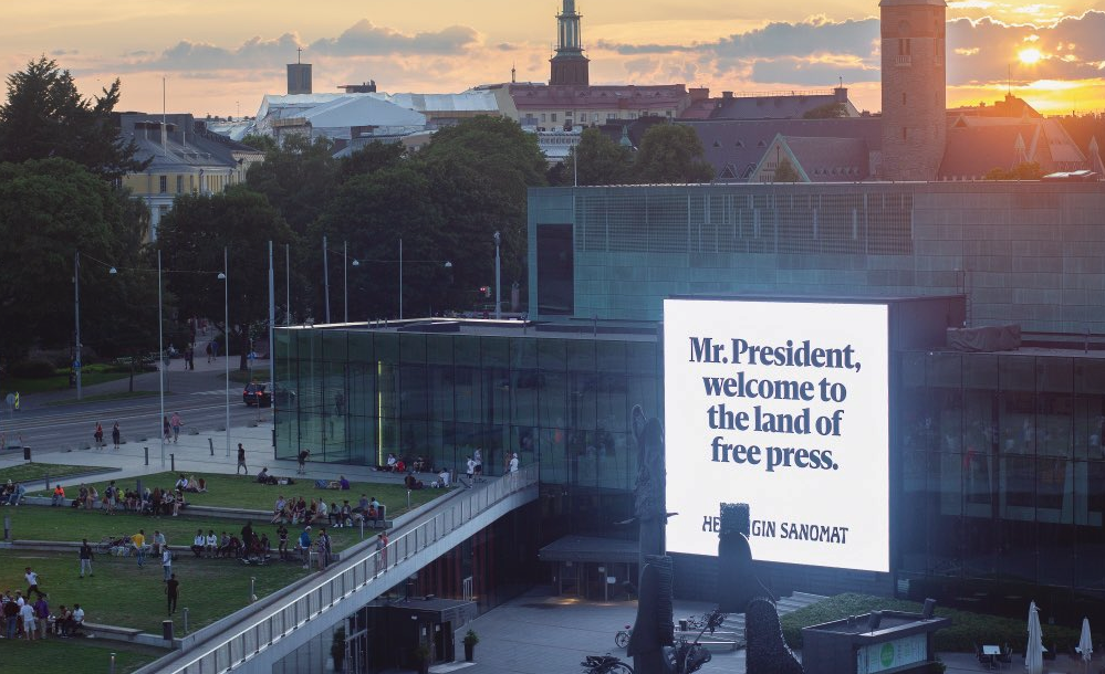 One of a series of billboards from Finland's largest newspaper reminding Trump and Putin about the notion of a free press. (Photo credit: Twitter / Kaius Niemi)