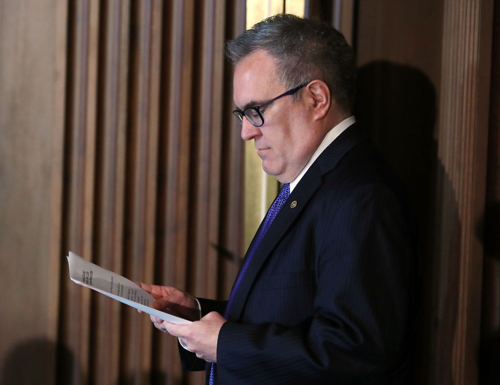 Acting EPA Administrator Andrew Wheeler looks at his papers before speaking to employees at the Environmental Protection Agency headquarters on July 11, 2018 in Washington, DC. (Credit: Mark Wilson/Getty Images)