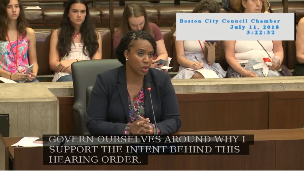 Ayanna Pressley speaks in favor of allowing immigrants to vote. CREDIT: Screenshot