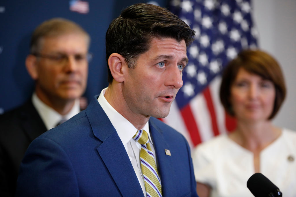 WASHINGTON, DC - JULY 11: Speaker of the House Paul Ryan speaks with reporters during a news conference following a House Republican conference meeting July 11, 2018 on Capitol Hill in Washington, DC. House Republicans are promoting the results of their recent tax bill. (Photo by Aaron P. Bernstein/Getty Images)