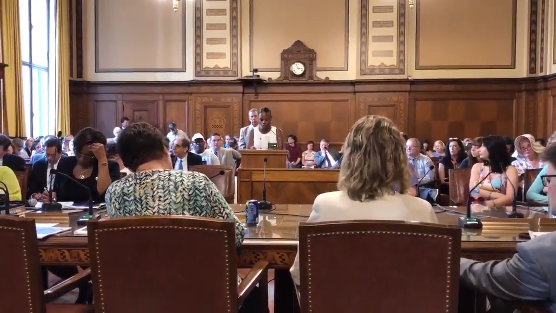 Summer Lee speaks at Pittsburgh's City Council hearing on Tuesday, July 17, 2017, against UPMC's proposed expansion plan. (Credit: Screenshot, Twitter, @PGHHospitalWork)
