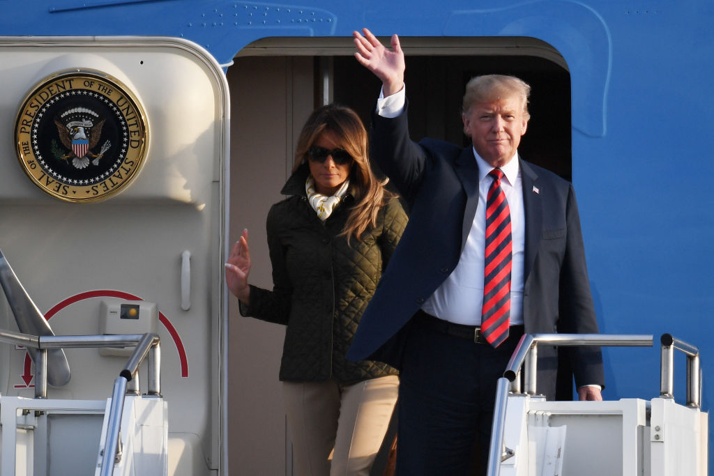 GLASGOW, SCOTLAND - JULY 13: The President of the United States, Donald Trump and First Lady, Melania Trump arrive at Glasgow Prestwick Airport on July 13, 2018 in Glasgow, Scotland. (Photo by Jeff J Mitchell/Getty Images)
