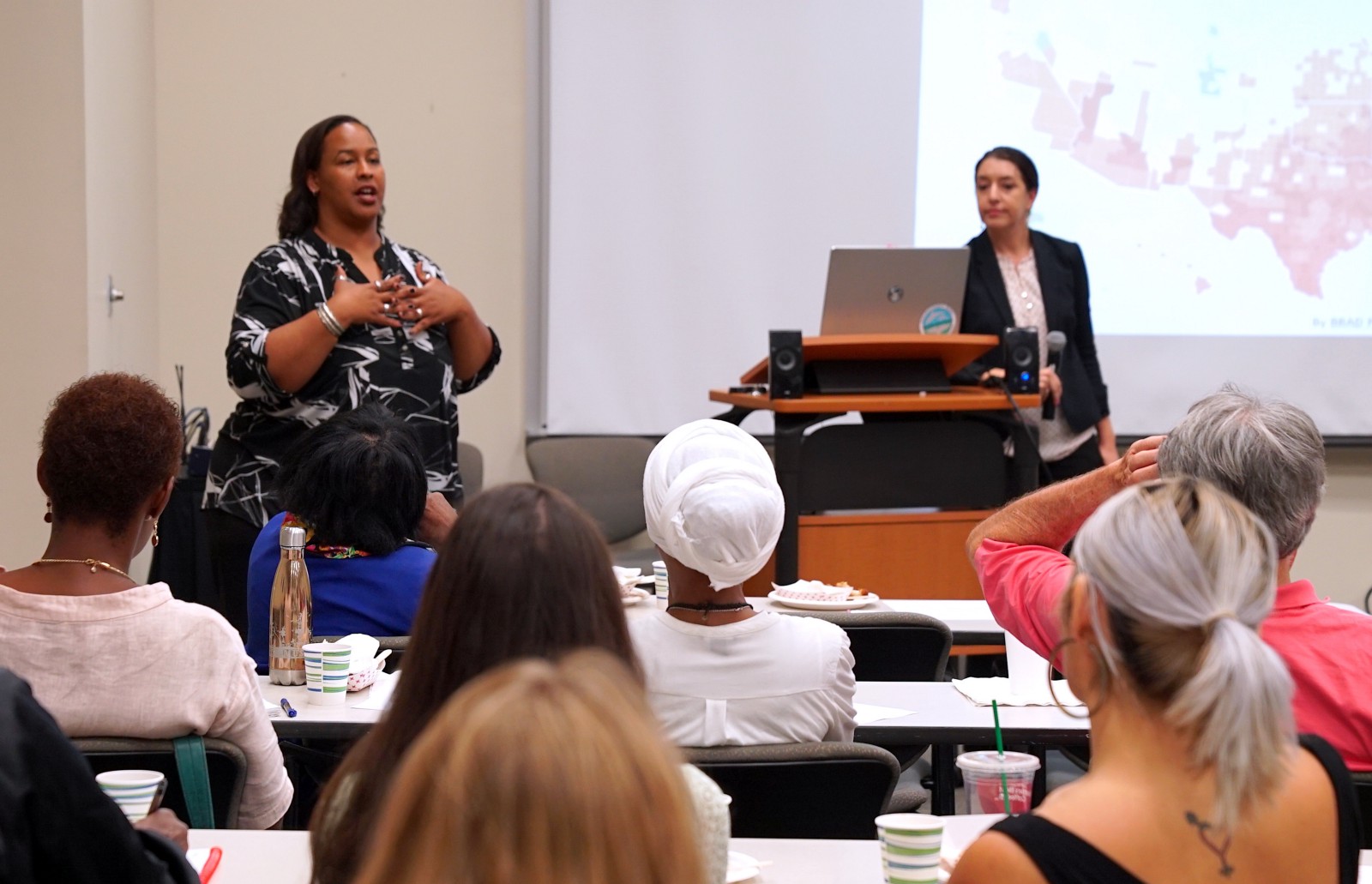 Colette Pichon Battle speaking at a town hall in New Orleans, August 29, 2018. CREDIT: Nexus Media
