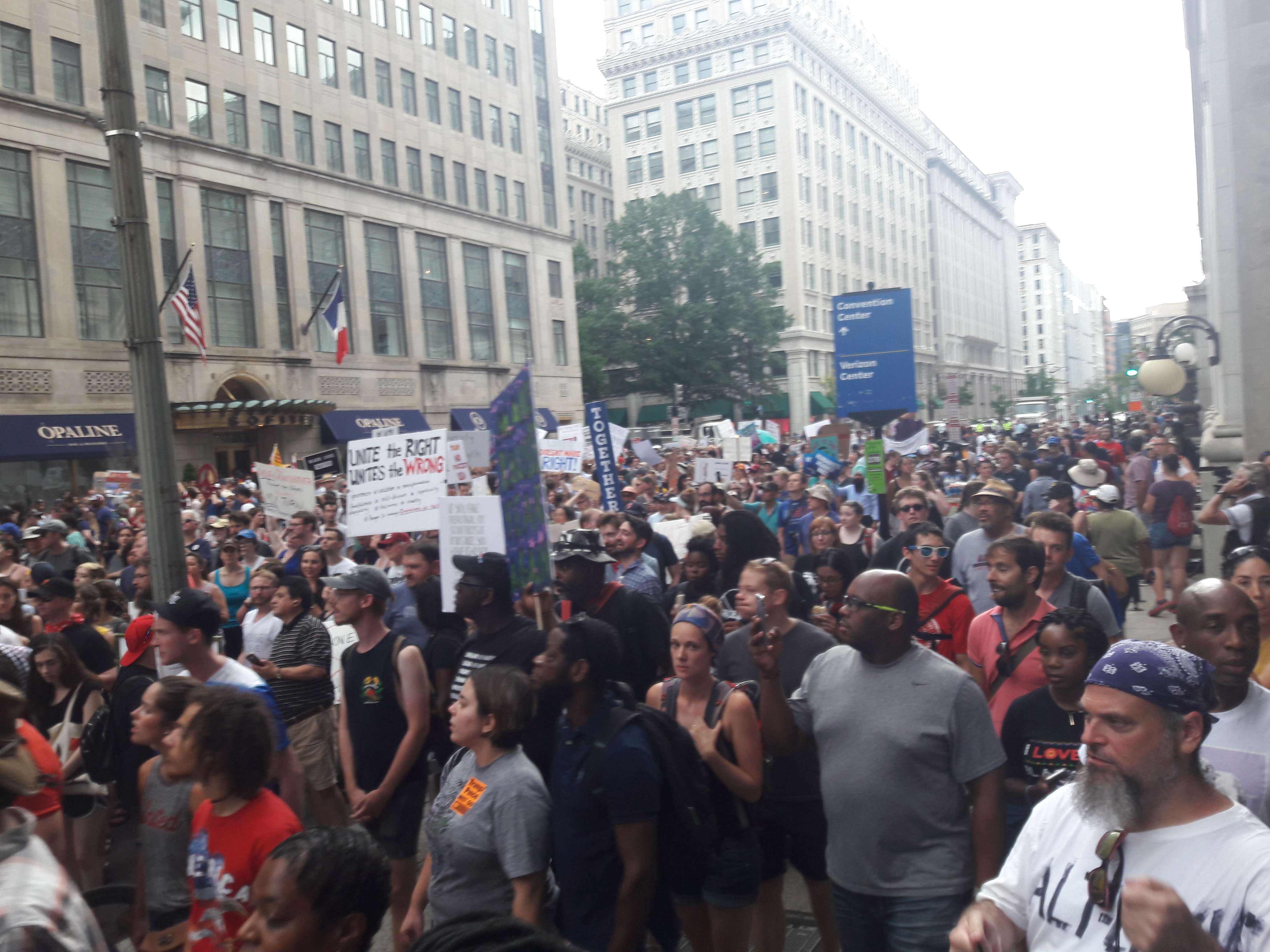 Counter-protesters chant against white supremacy and racism during Sunday's Unite the Right rally. (Credit: D. Parvaz/ThinkProgress)