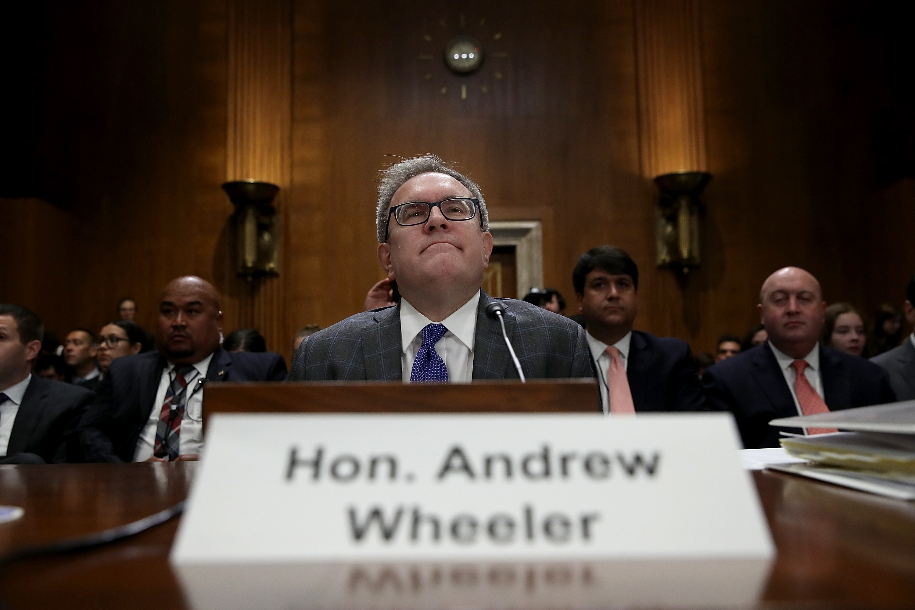 Acting EPA Administrator Andrew Wheeler waits to testify before the Senate Environment and Public Works Committee on August 1, 2018. CREDIT: Win McNamee/Getty Images