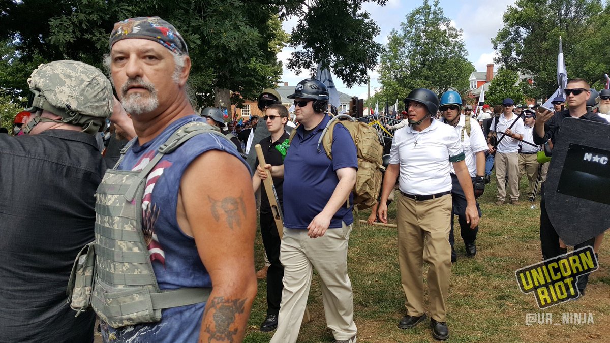 Klan leader Richard Preston, left, at the white supremacist Unite the Right rally in Charlottesville, Virginia, on Aug. 12, 2017. CREDIT: Unicorn Riot via Twitter
