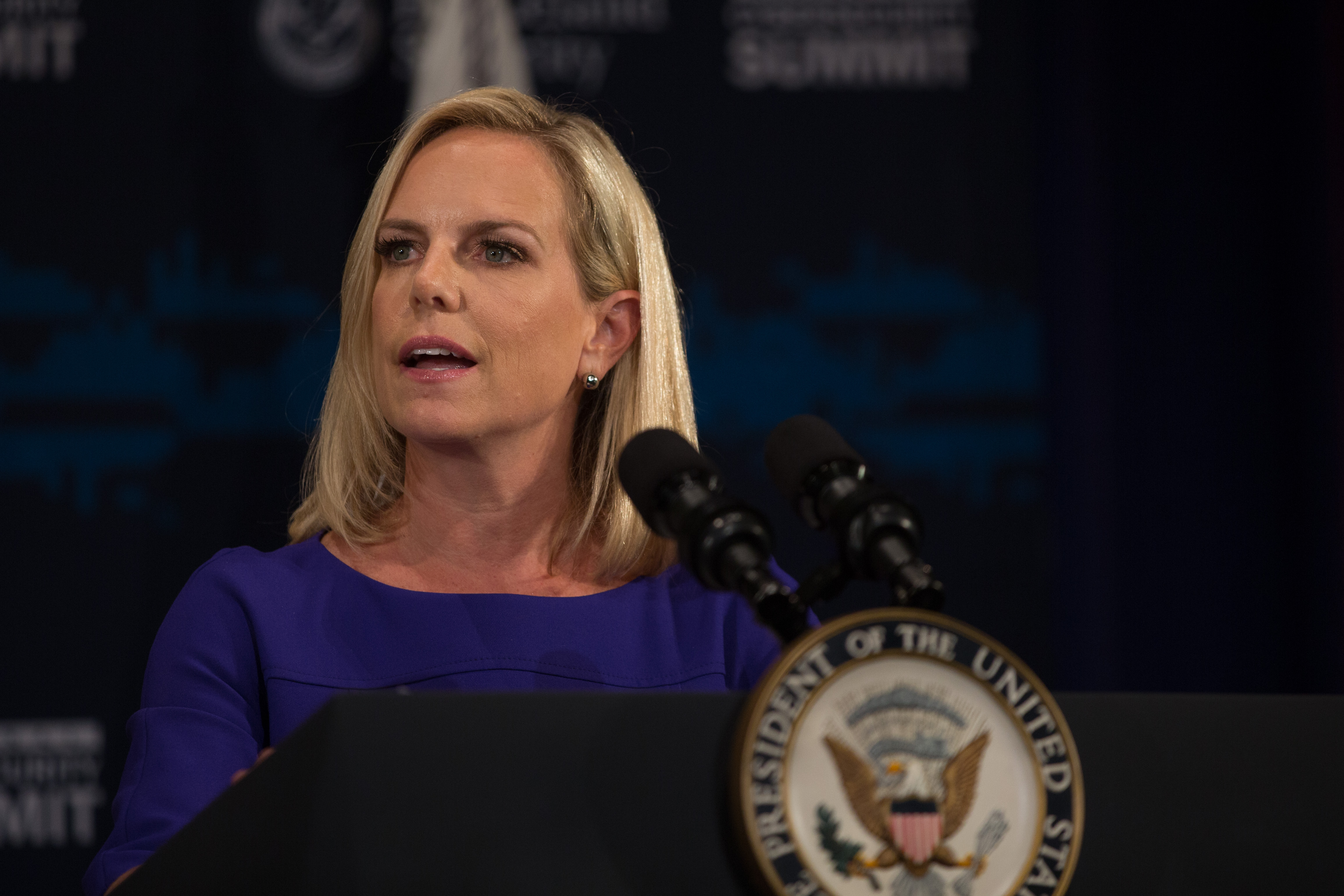 U.S. Department of Homeland Security Secretary Kirstjen Nielsen speaks during the Department of Homeland Security's Cybersecurity Summit on July 31, 2018 in New York City. (Photo by Kevin Hagen/Getty Images)