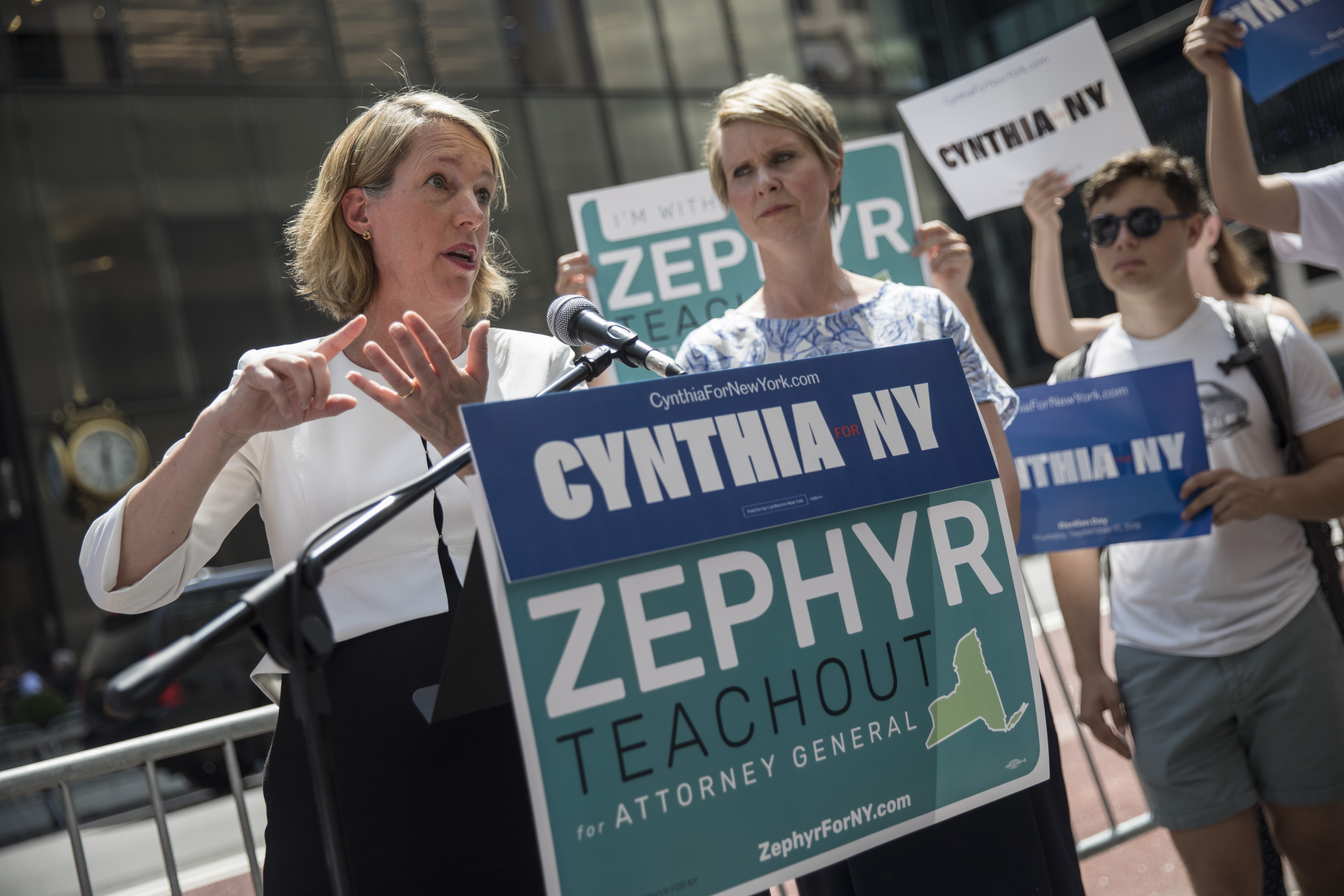 Zephyr Teachout speaks as Cynthia Nixon looks on. CREDIT: Drew Angerer/Getty Images