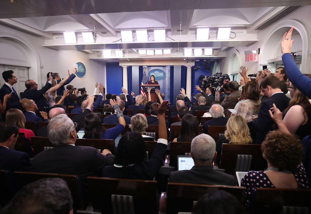 White House Press Secretary Sarah Huckabee Sanders speaks to the media in the White House Briefing Room, on August 14, 2018 in Washington, DC. (CREDIT: Mark Wilson/Getty Images)