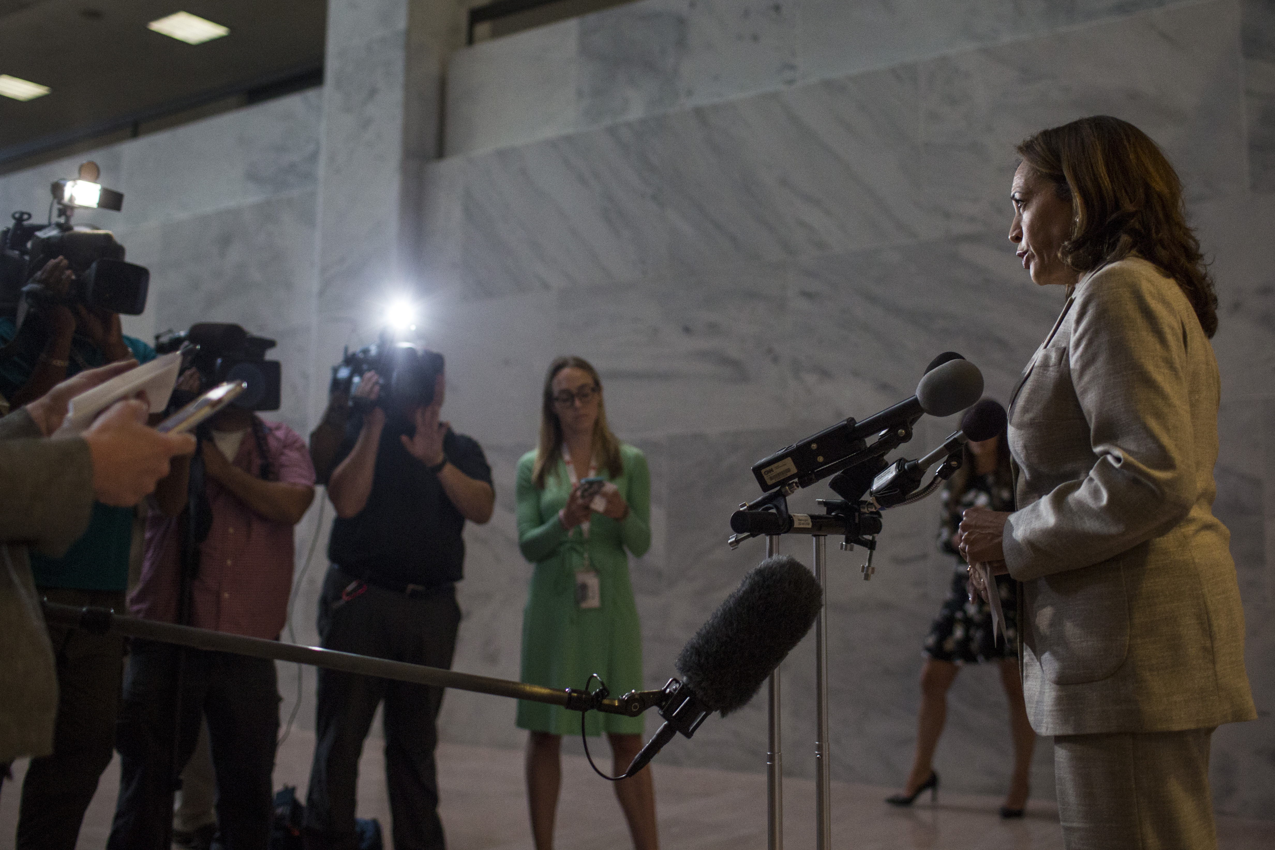 U.S. Sen. Kamala Harris (D-CA) speaks to members of the media on Capitol Hill August 21, 2018 in Washington, DC. (Photo Credit: by Zach Gibson/Getty Images)