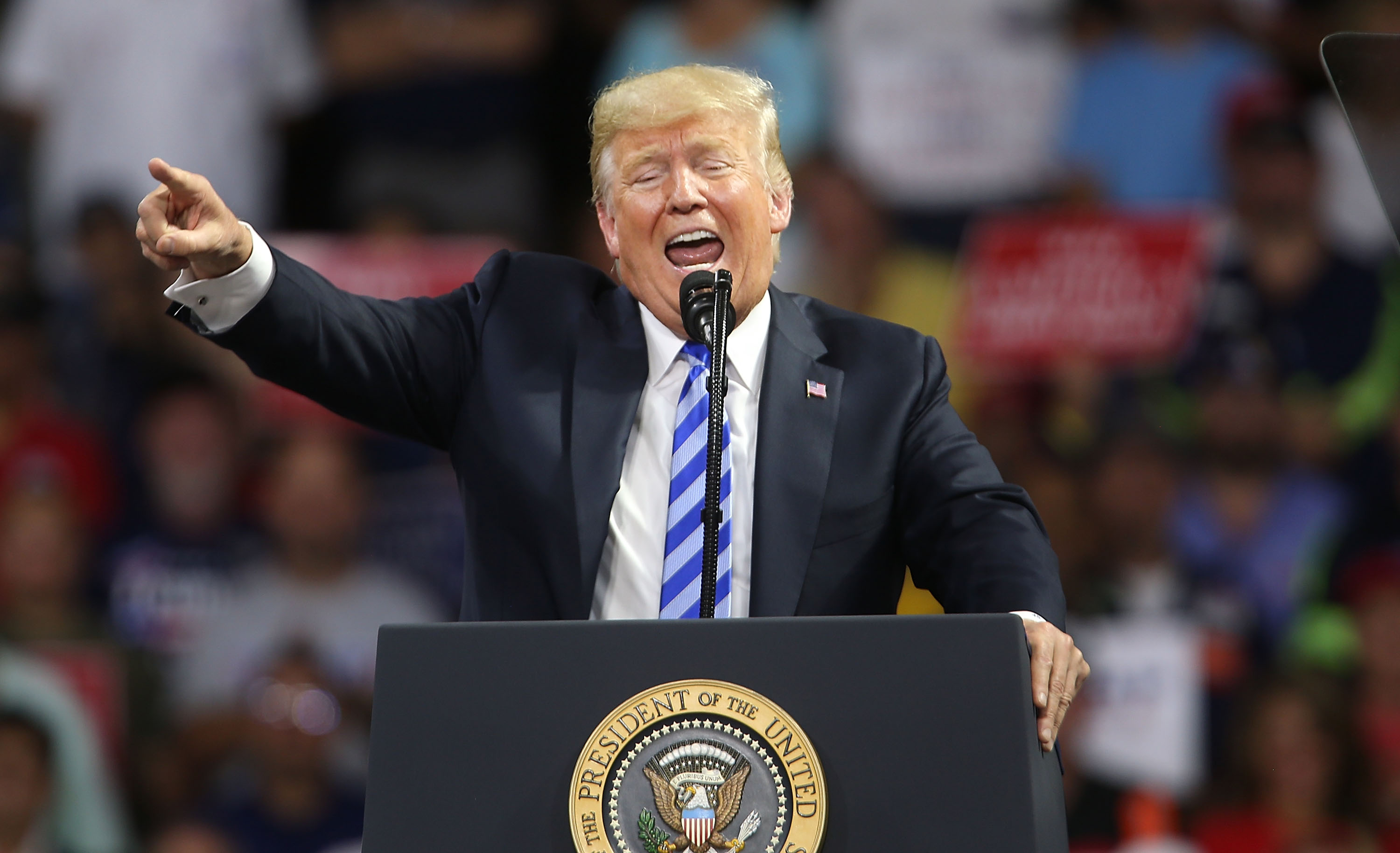 FILE PICTURE: President Donald Trump speaks a rally at the Charleston Civic Center on August 21, 2018 in Charleston, West Virginia. (Photo by Spencer Platt/Getty Images)