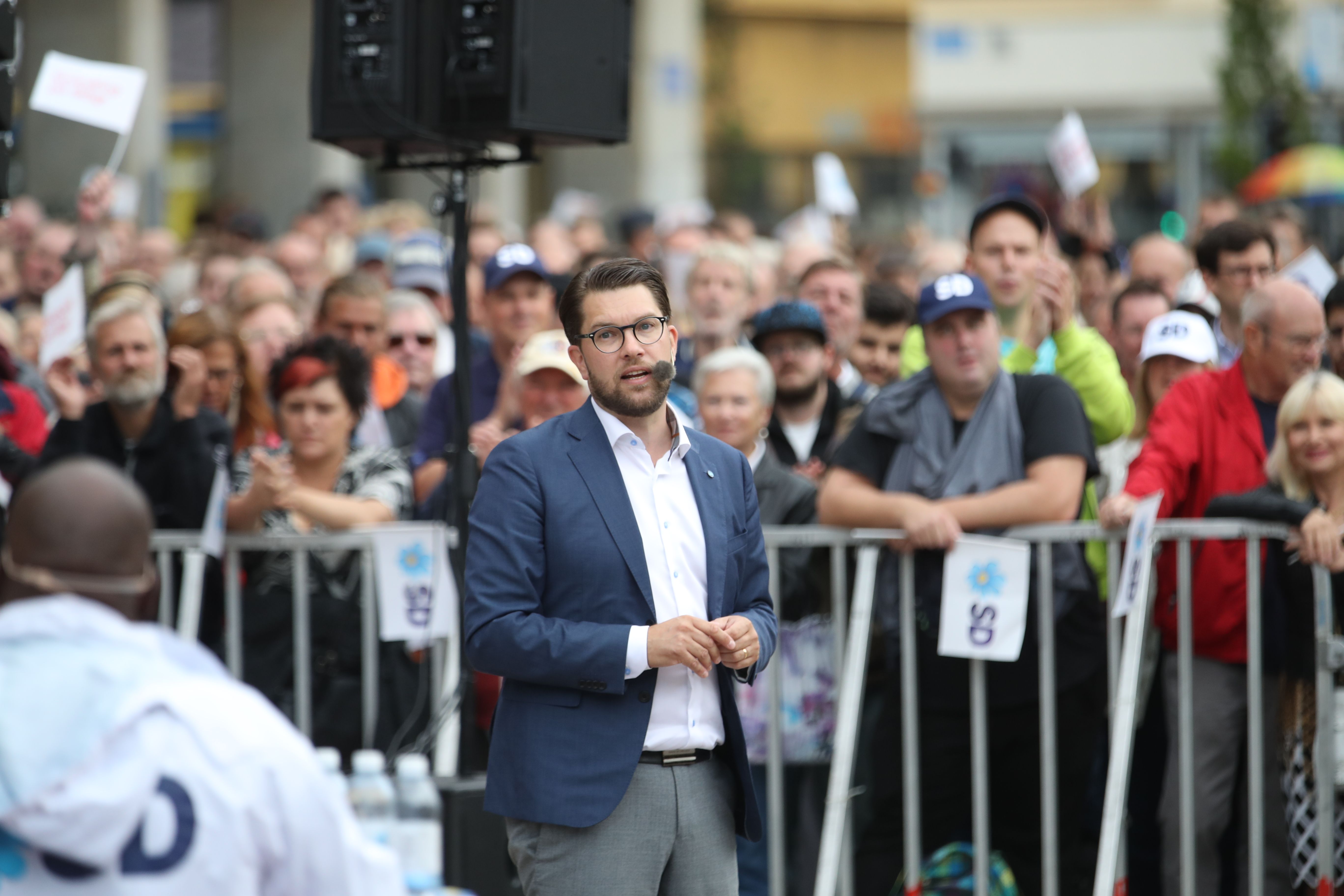 Jimme Akesson, leader of the Sweden Democrats party, speaks during a campaign visit in Gothenburg on August 28, 2018. (Photo by Adam IHSE / TT News Agency / AFP) / Sweden OUT (Photo credit should read ADAM IHSE/AFP/Getty Images)