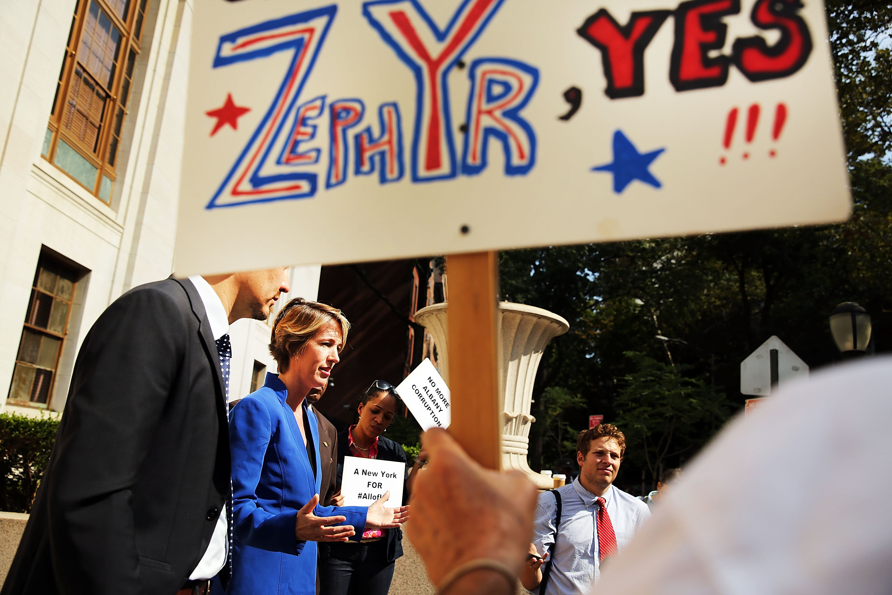 Zephyr Teachout speaks in front of a Brooklyn court house following arguments on a ballot appeal on August 19, 2014 in the Brooklyn borough of New York City. CREDIT: Spencer Platt/Getty Images