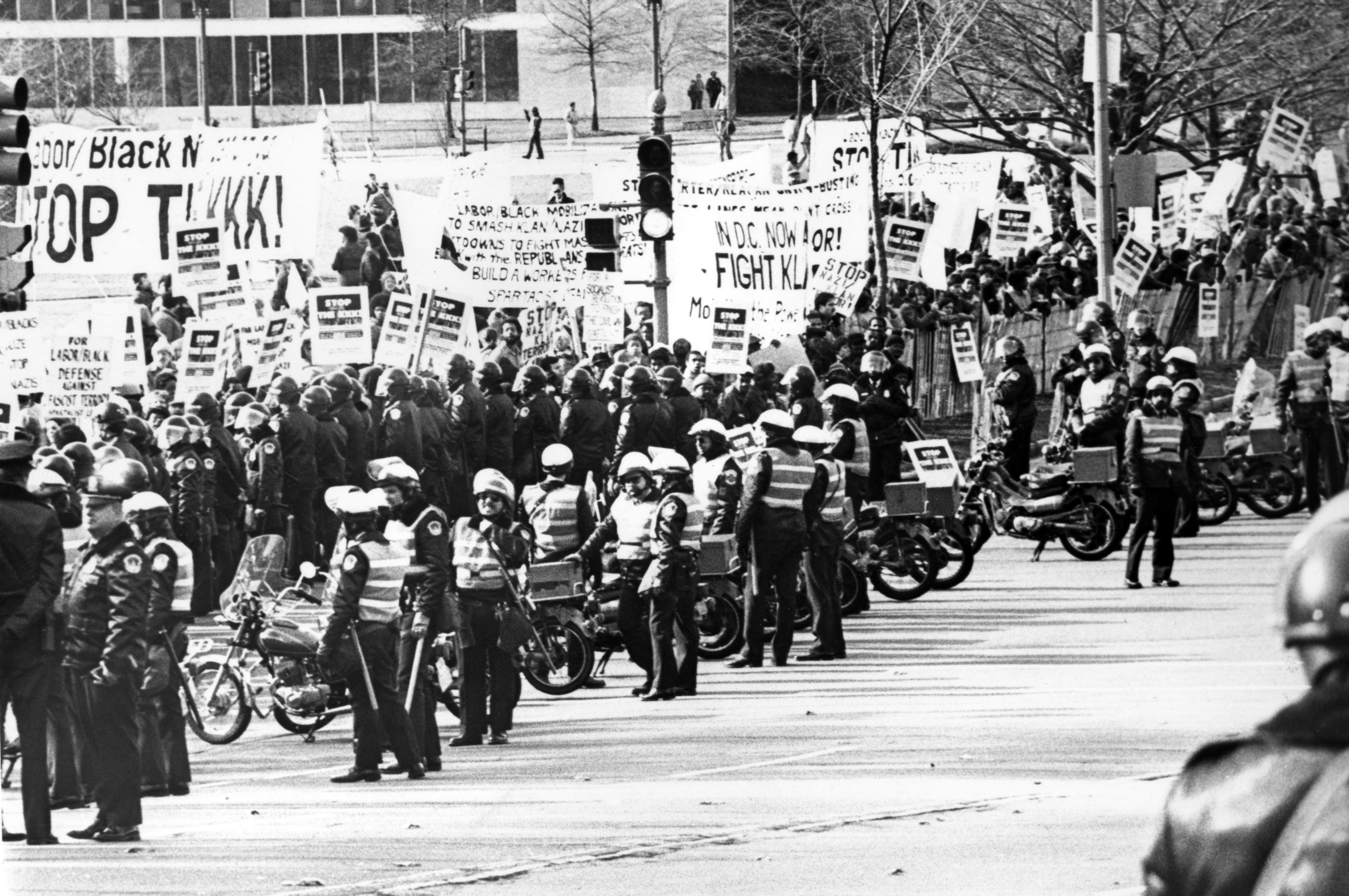 Police lined up at anti-Klan protest in Washington, D.C., on Nov. 27, 1982. CREDIT: Afro American Newspapers/Gado/Getty Images