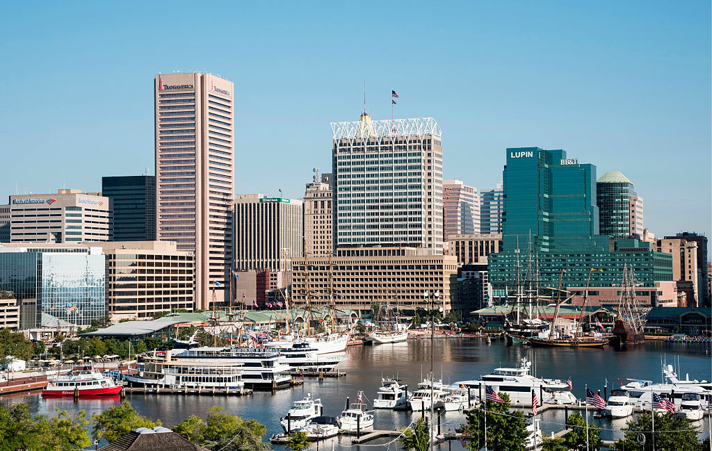 Skyline and Inner Harbor, Baltimore, Maryland. CREDIT: Education Images/UIG via Getty Images