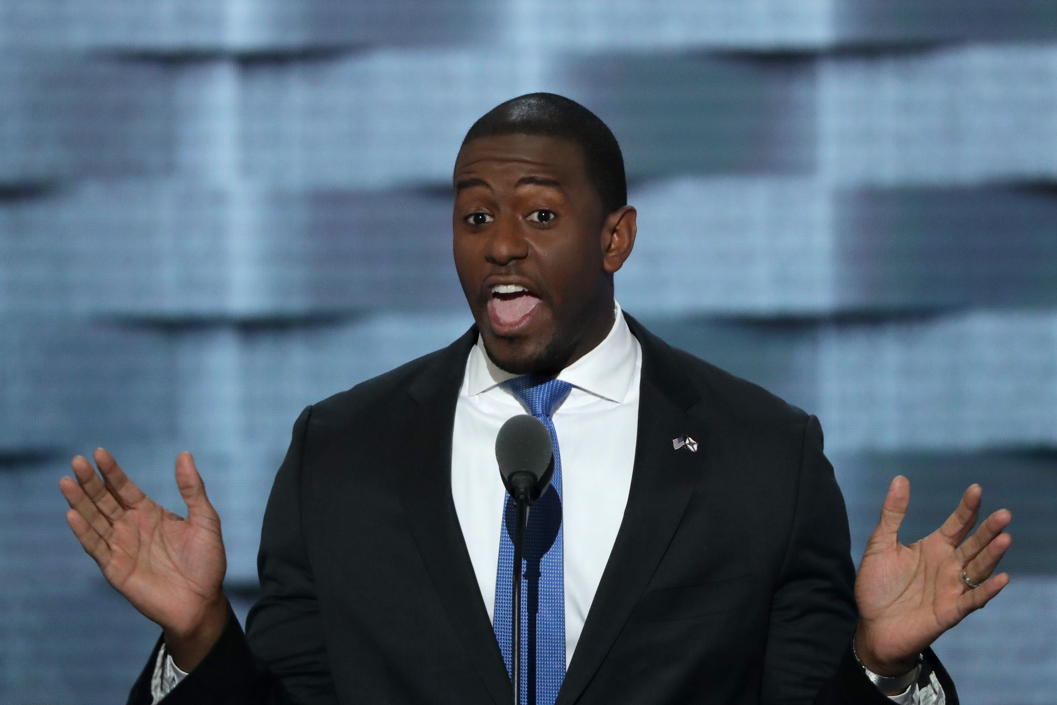 Florida Democratic Gubernatorial nominee Andrew Gillum is being targeted by a neo-Nazi radio call. CREDIT: Alex Wong/Getty Images