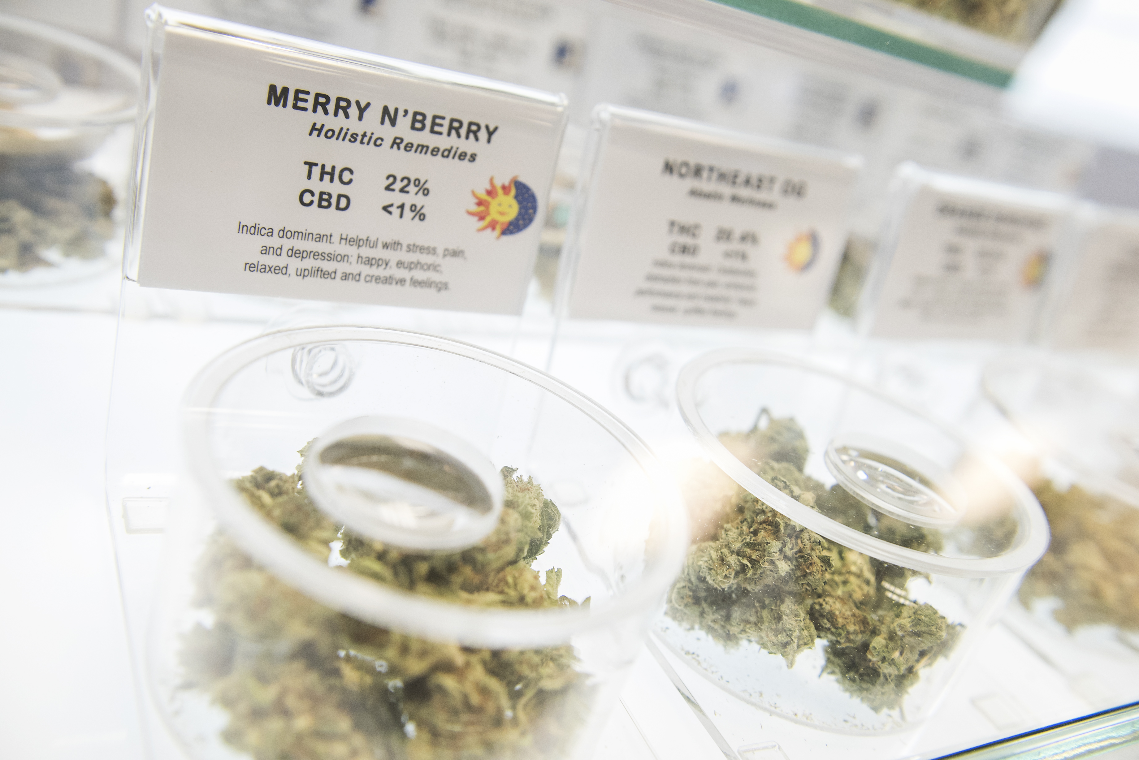 UNITED STATES - AUGUST 30: Inventory including "Merry N'Berry" is on display at the medical marijuana dispensary Takoma Wellness Center, in Takoma Park, August 30, 2016. (Photo By Tom Williams/CQ Roll Call)