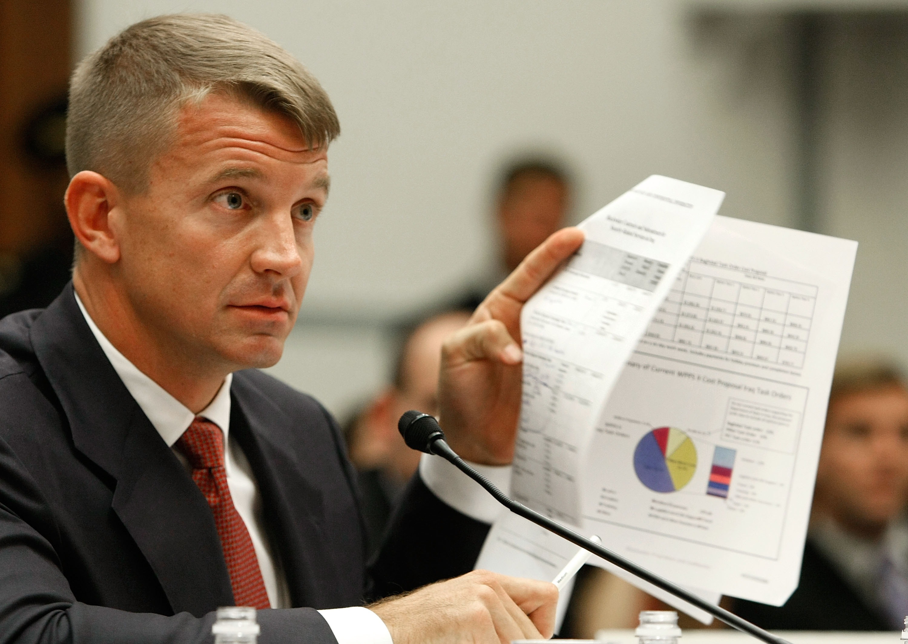 Erik Prince, chairman of the Prince Group, LLC and Blackwater USA, testifies during a House Oversight and Government Reform Committee hearing on Capitol Hill October 2, 2007 in Washington DC. The committee is hearing testimony from officials regarding private security contracting in Iraq and Afghanistan. (Photo by Mark Wilson/Getty Images)