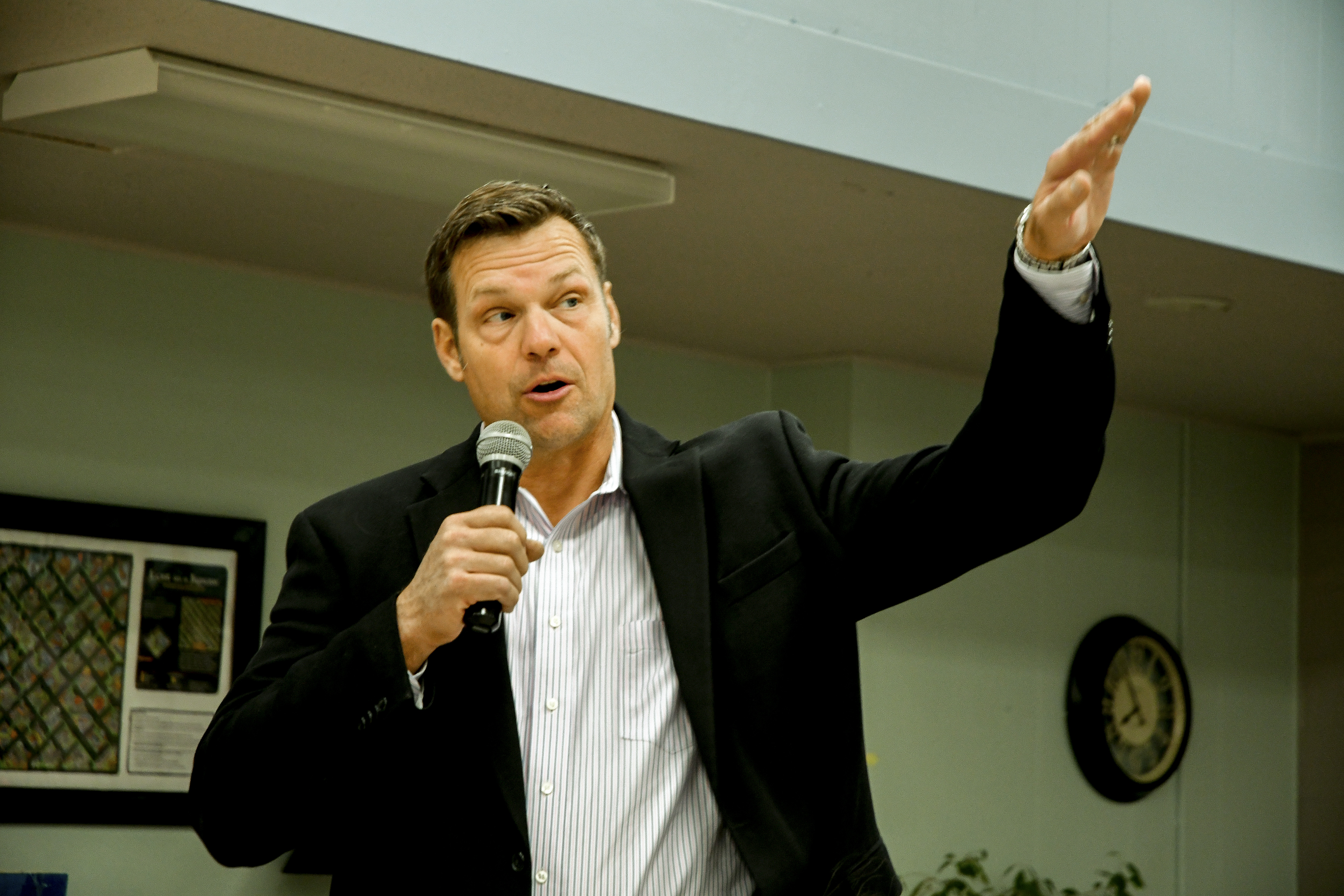 American politician Kansas Secretary of State Kris Kobach as he speaks during a fundraiser for his gubernatorial campaign at an unidentified senior citizens center, Emporia, Kansas, October 28, 2017. (Photo by Mark Reinstein/Corbis via Getty Images)