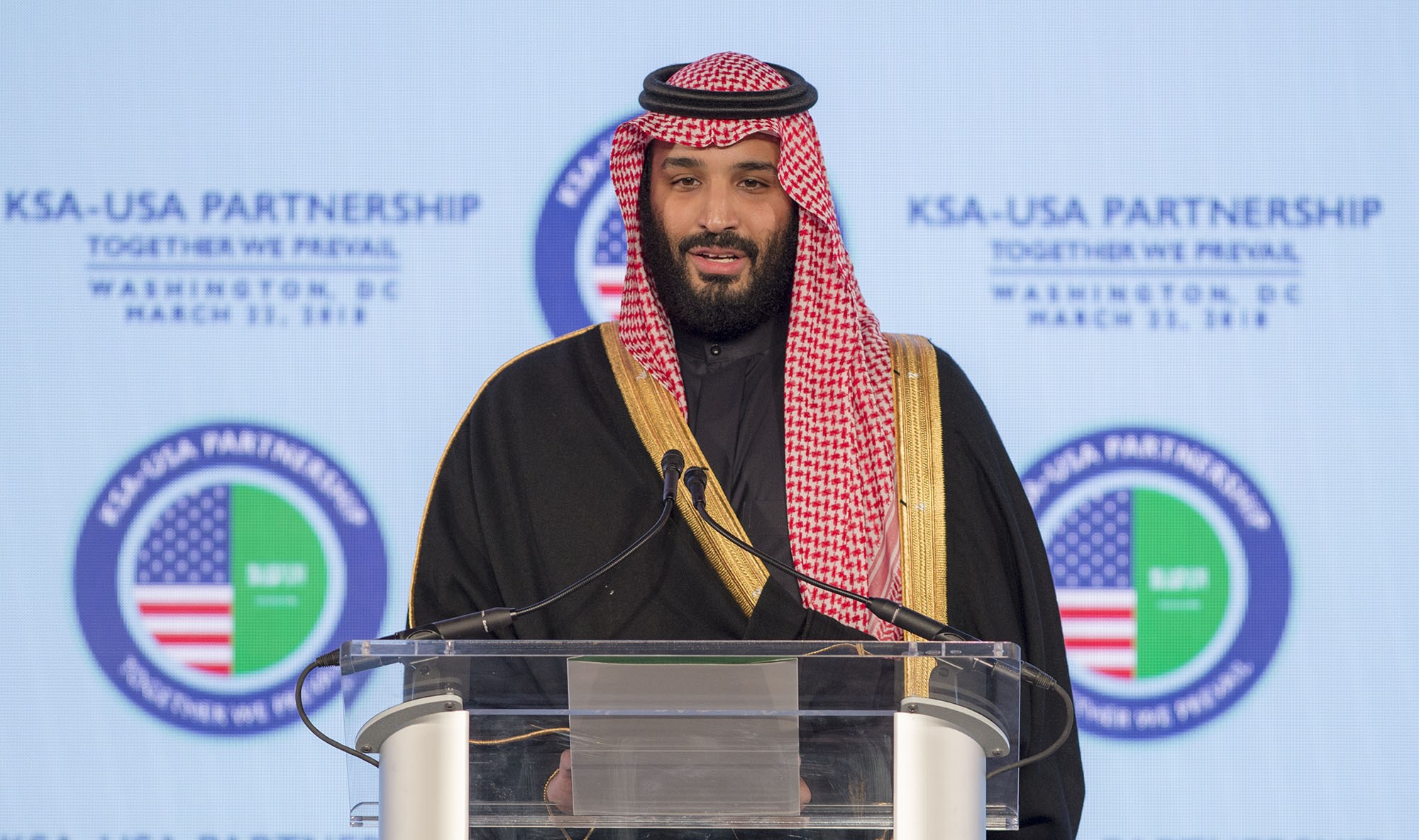 Crown Prince of Saudi Arabia Mohammed bin Salman delivers a speech as he attends the Saudi Arabia - United States Partnership Meeting in Washington, United States on March 23, 2018. (PHOTO CREDIT: Bandar Algaloud/Saudi Kingdom Council/Handout/Anadolu Agency/Getty Images)