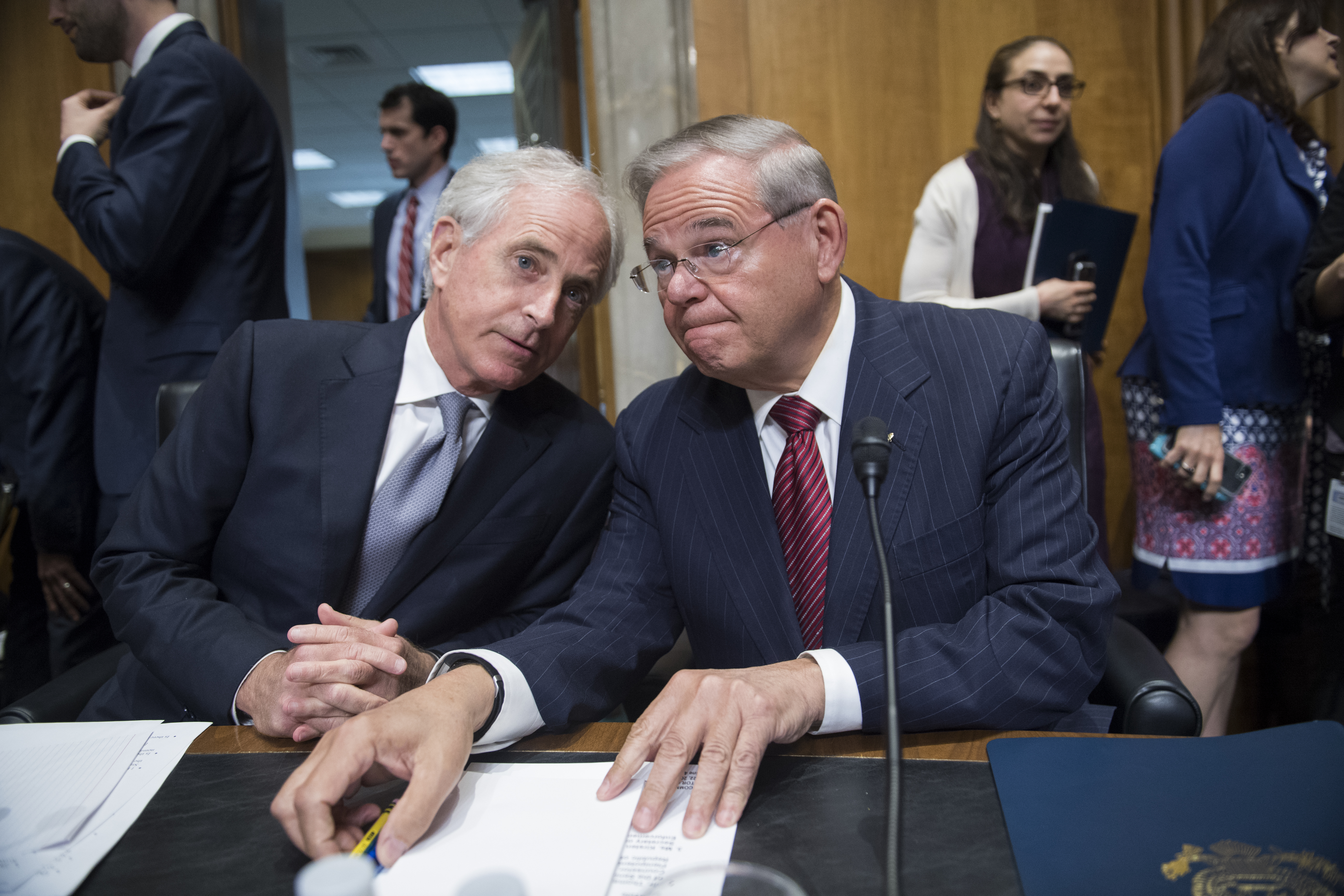 Chairman Bob Corker and ranking member Sen. Bob Menendez, confer before a Senate Foreign Relations committee markup in Dirksen Building on the nomination of Mike Pompeo to be secretary of state on April 23, 2018. CREDIT: Tom Williams/CQ Roll Call/Getty Images.