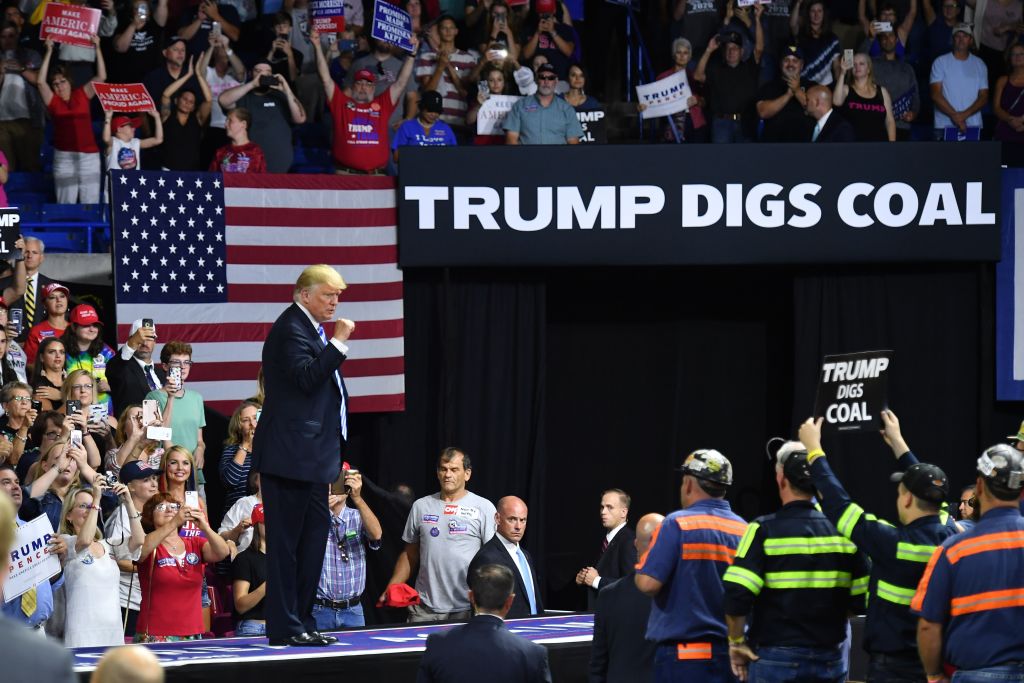 President Trump at a political rally in Charleston, West Virginia on August 21, 2018, the day he released his new coal power plan. CREDIT: MANDEL NGAN/AFP/Getty Images