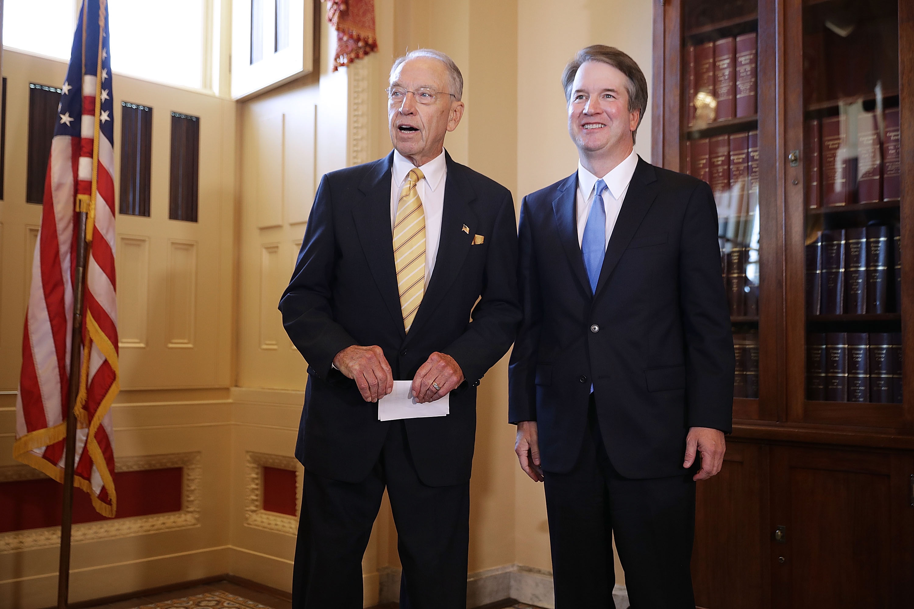 Senate Judiciary Committee Chairman Charles Grassley (R-IA), left, has scheduled confirmation hearings for Supreme Court nominee Brett Kavanaugh for early September. CREDIT: Chip Somodevilla/Getty Images