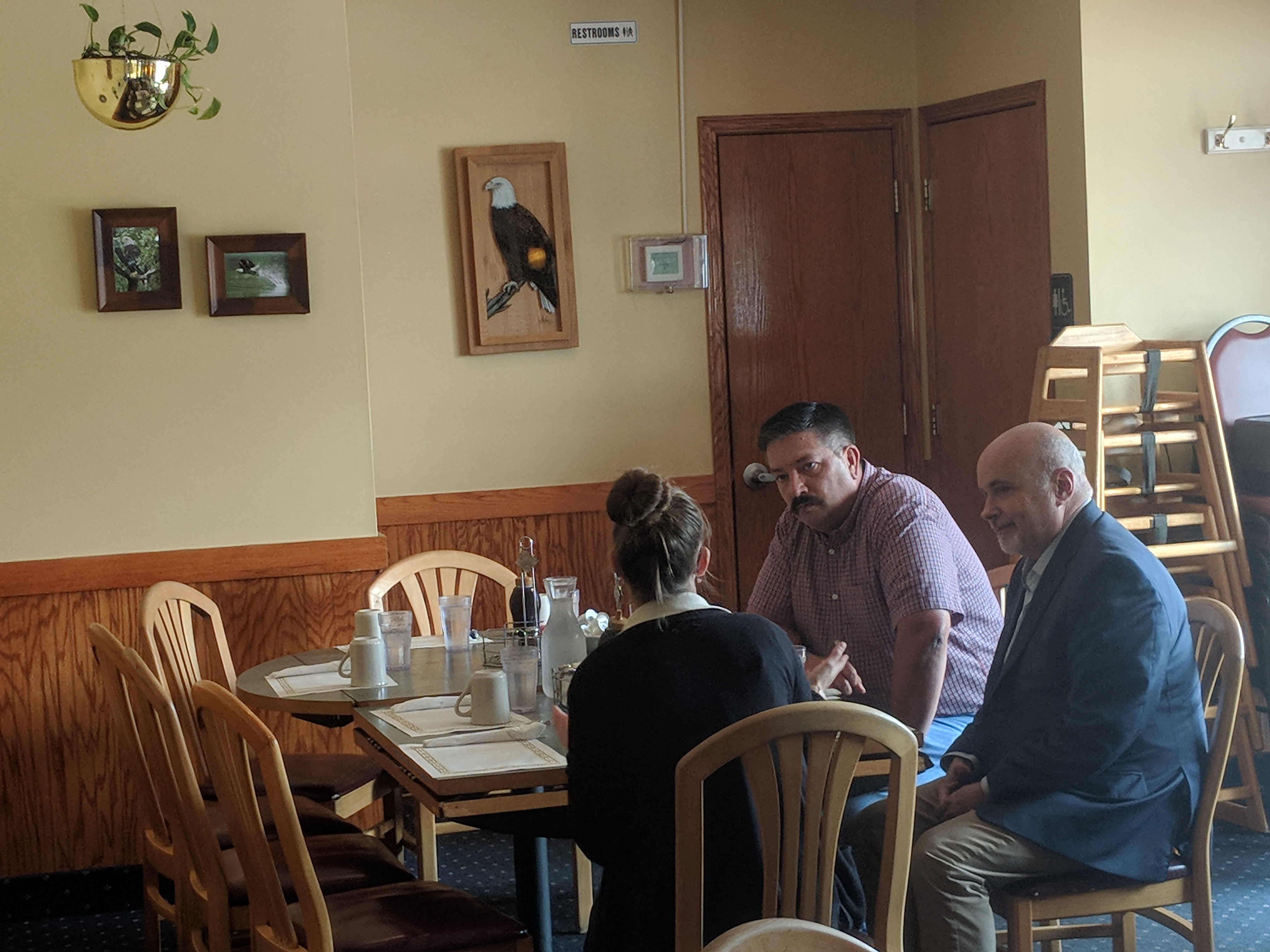 Wisconsin first district Democratic candidate Randy Bryce speaks with people at Eagle Inn Family Restaurant, Janesville, Wisconsin, August 13, 2018. (Photo Credit: Alan Pyke/ThinkProgress)