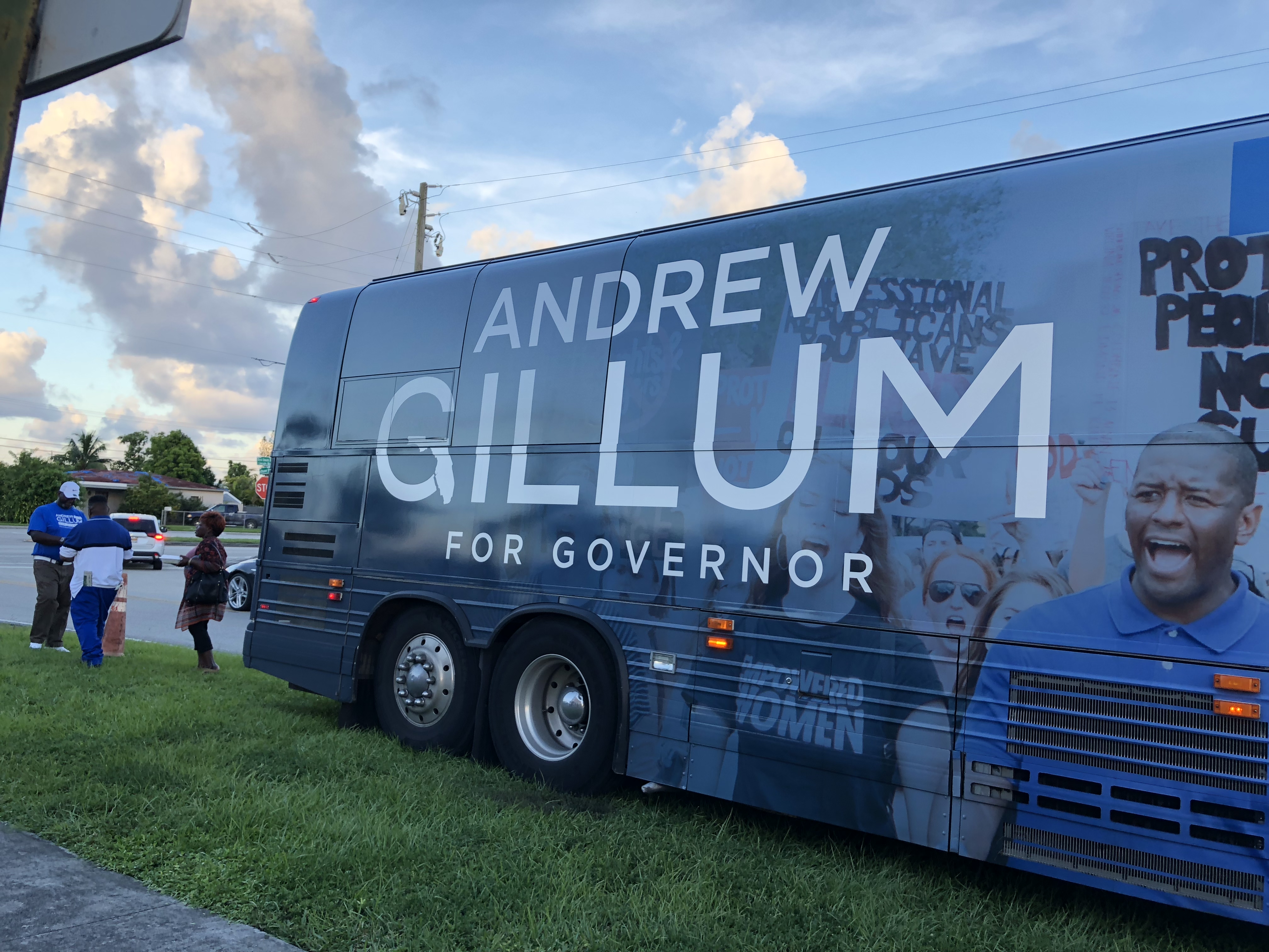 The tour bus of Democratic candidate Andrew Gillum, who is running for governor of Florida, outside The Bethel Church in Miami. (PHOTO Credit: Rebekah Entralgo/ThinkProgress)