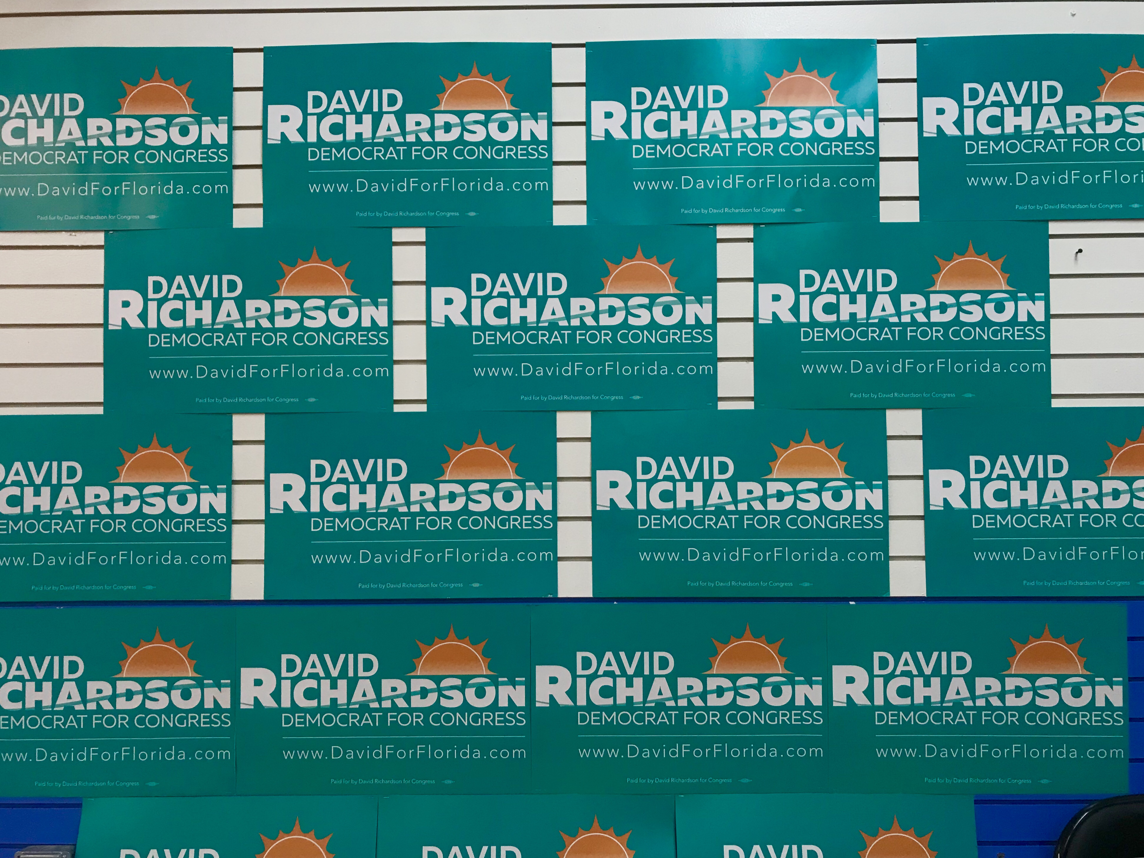 Campaign signs at the David Richardson campaign in the Little Havana area of Miami, Florida. (Rebekah Entralgo/ThinkProgress)