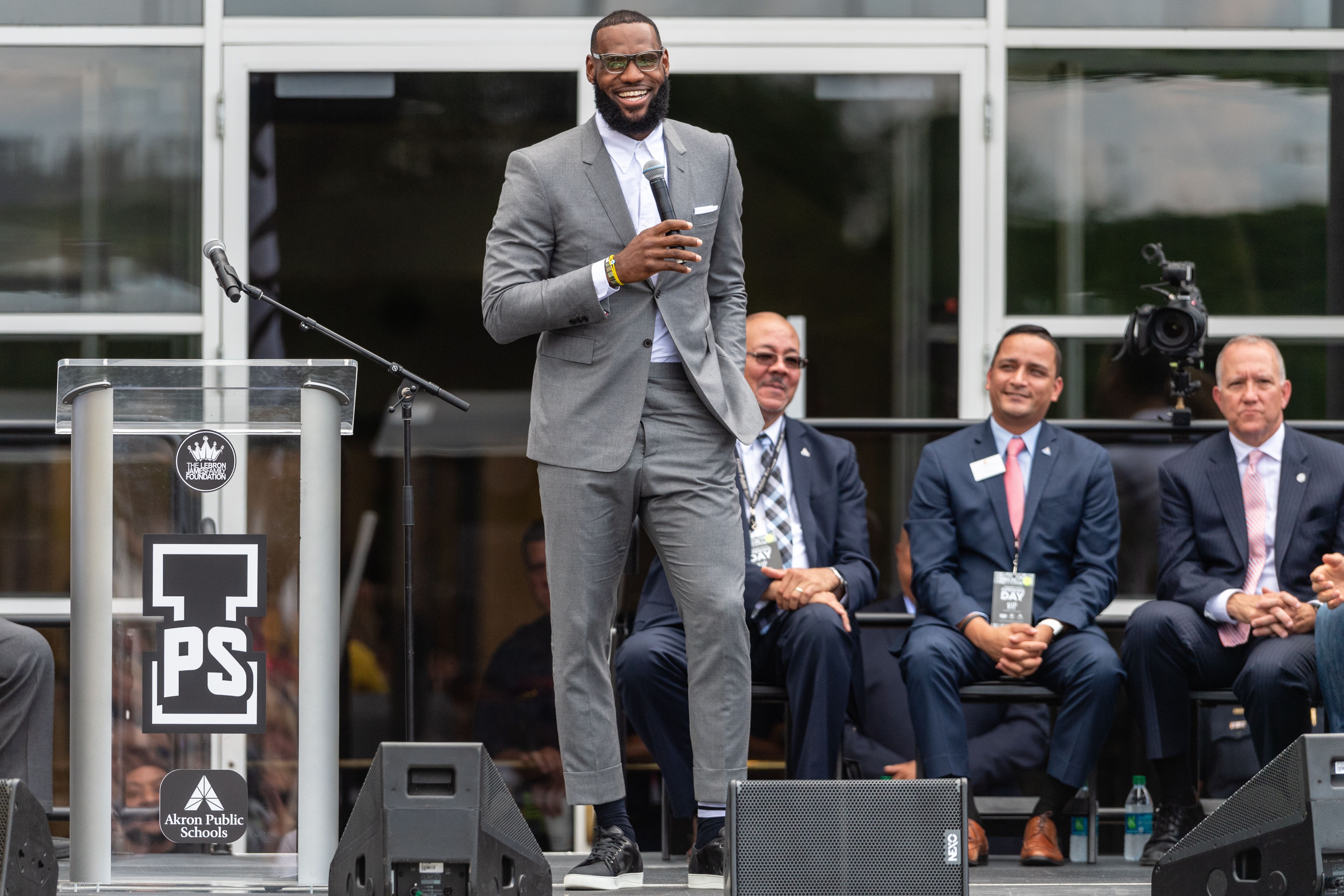 LeBron James addresses a crowd during the opening ceremonies of the I Promise School on July 30, 2018 in Akron, Ohio. CREDIT: Jason Miller/Getty Images