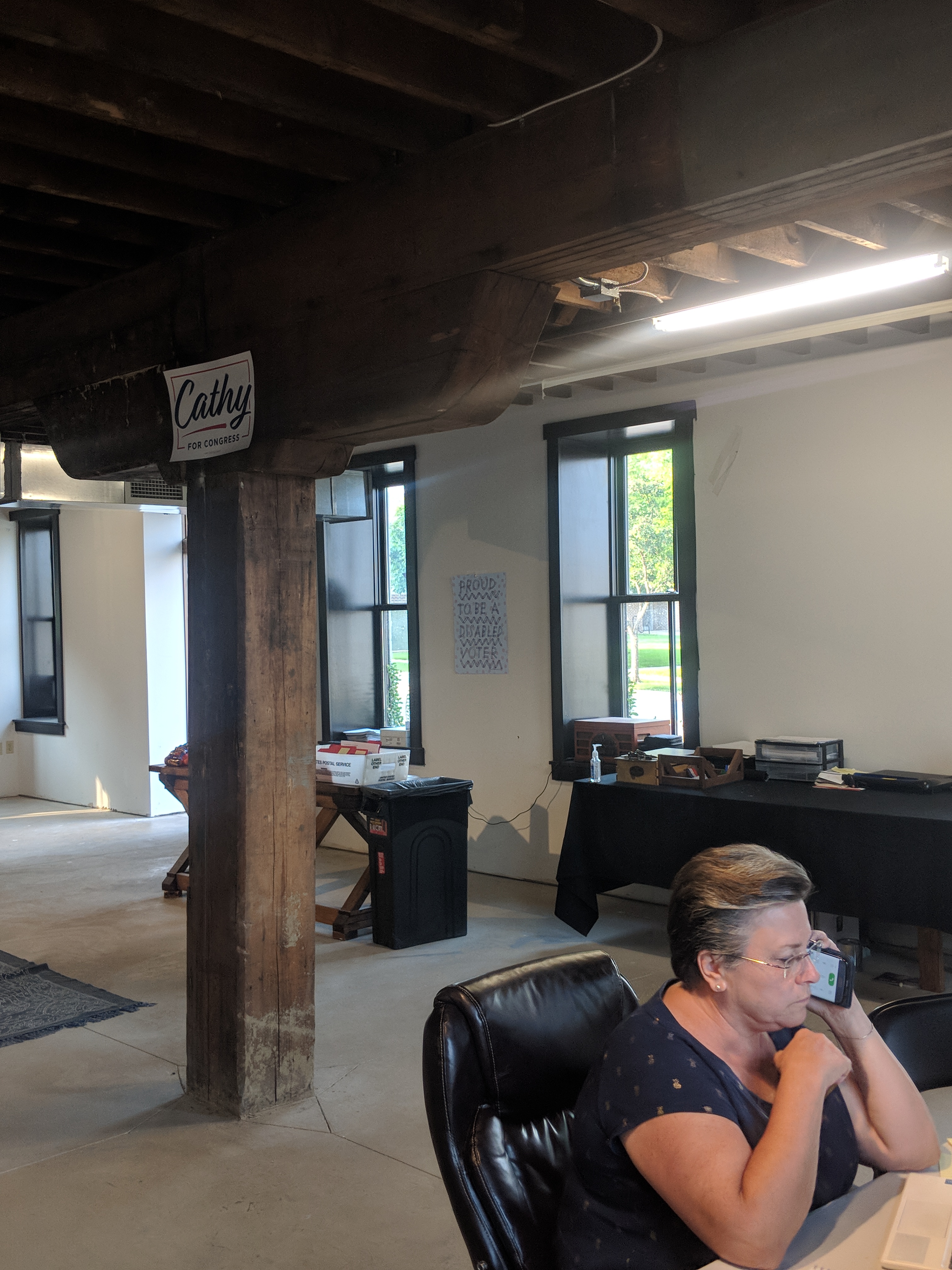 Wisconsin first district Democratic candidate Cathy Myers speaks with a voter on the phone, August 13, 2018. (Photo Credit: Alan Pyke)
