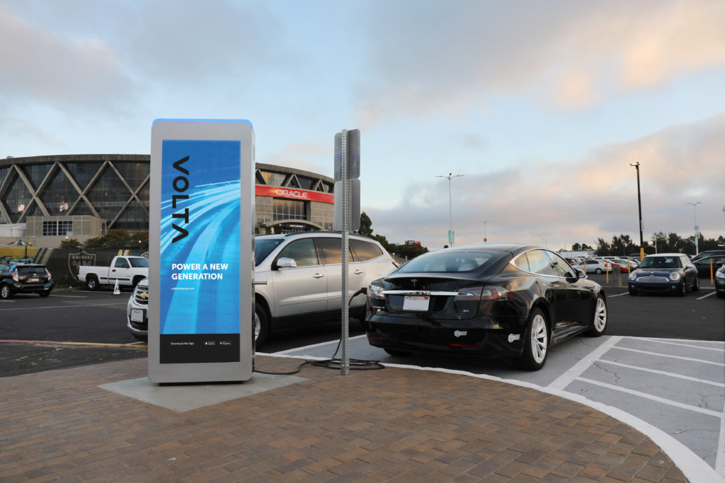 Free Volta electric vehicle Charging Stations at Oracle Coliseum in Oakland. CREDIT: Volta