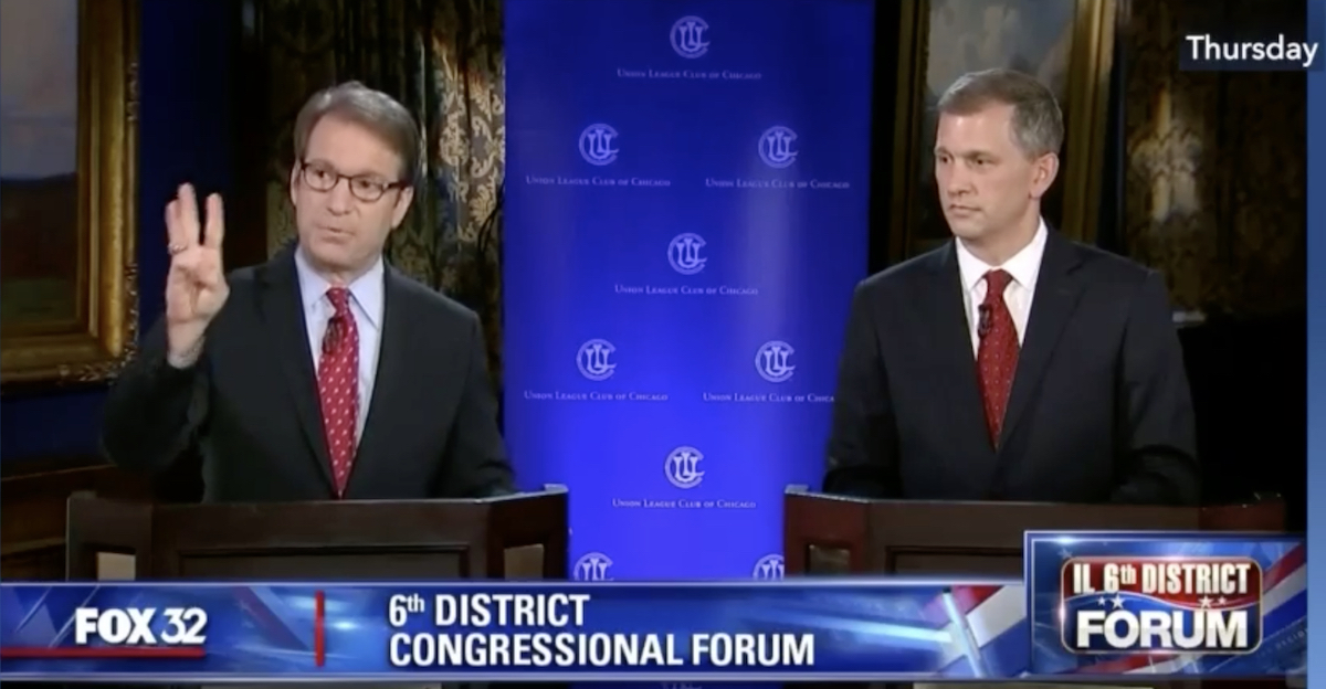 Incumbent Rep. Peter Roskam (R-IL) and Sean Casten, candidates for Illinois' 6th Congressional District seat, debated on July 26, 2018. CREDIT: Screenshot of CSPAN video.