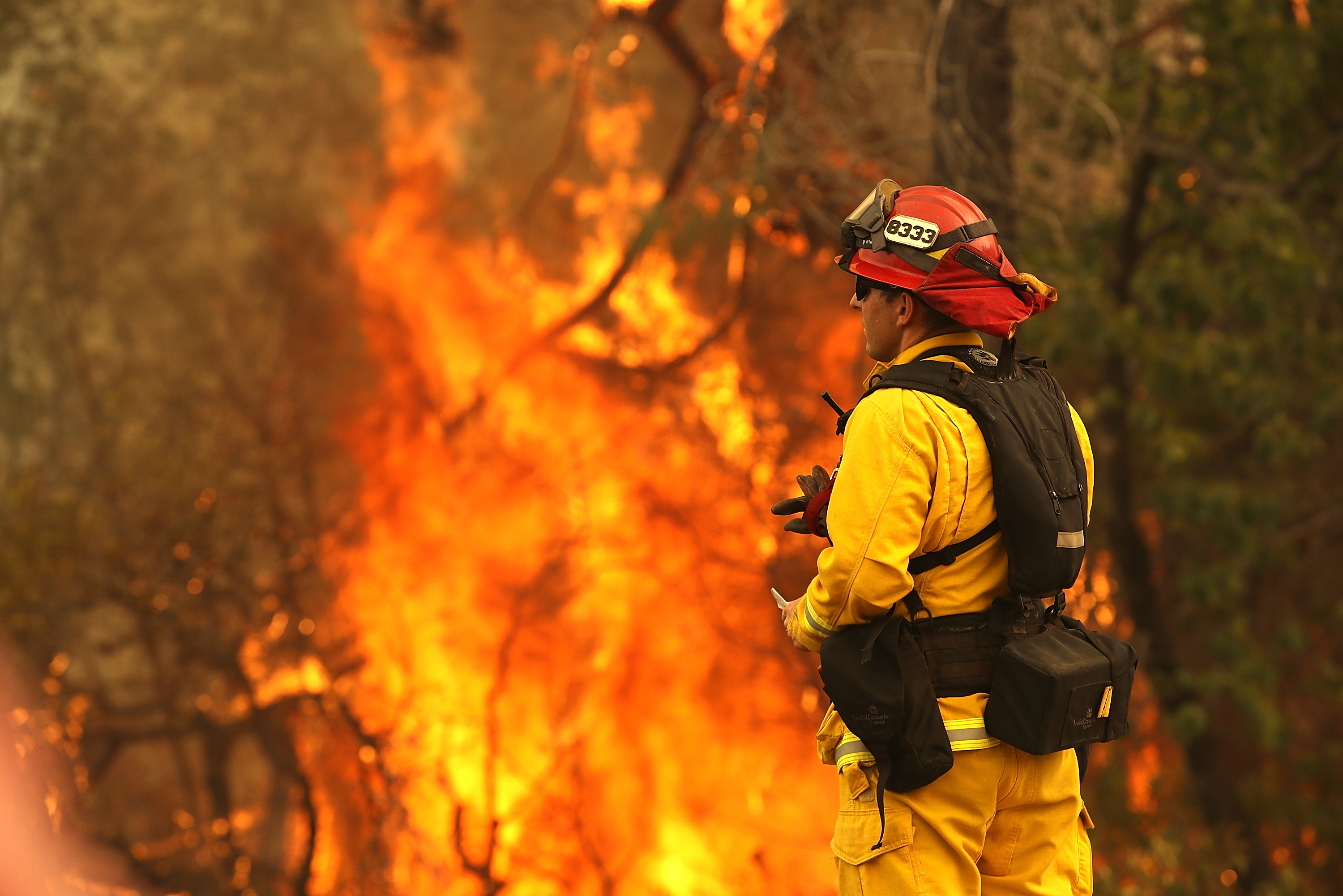 A firefighter looks on as the Carr Fire moves through the area on July 28, 2018 in Redding, California. CREDIT: Justin Sullivan/Getty Images